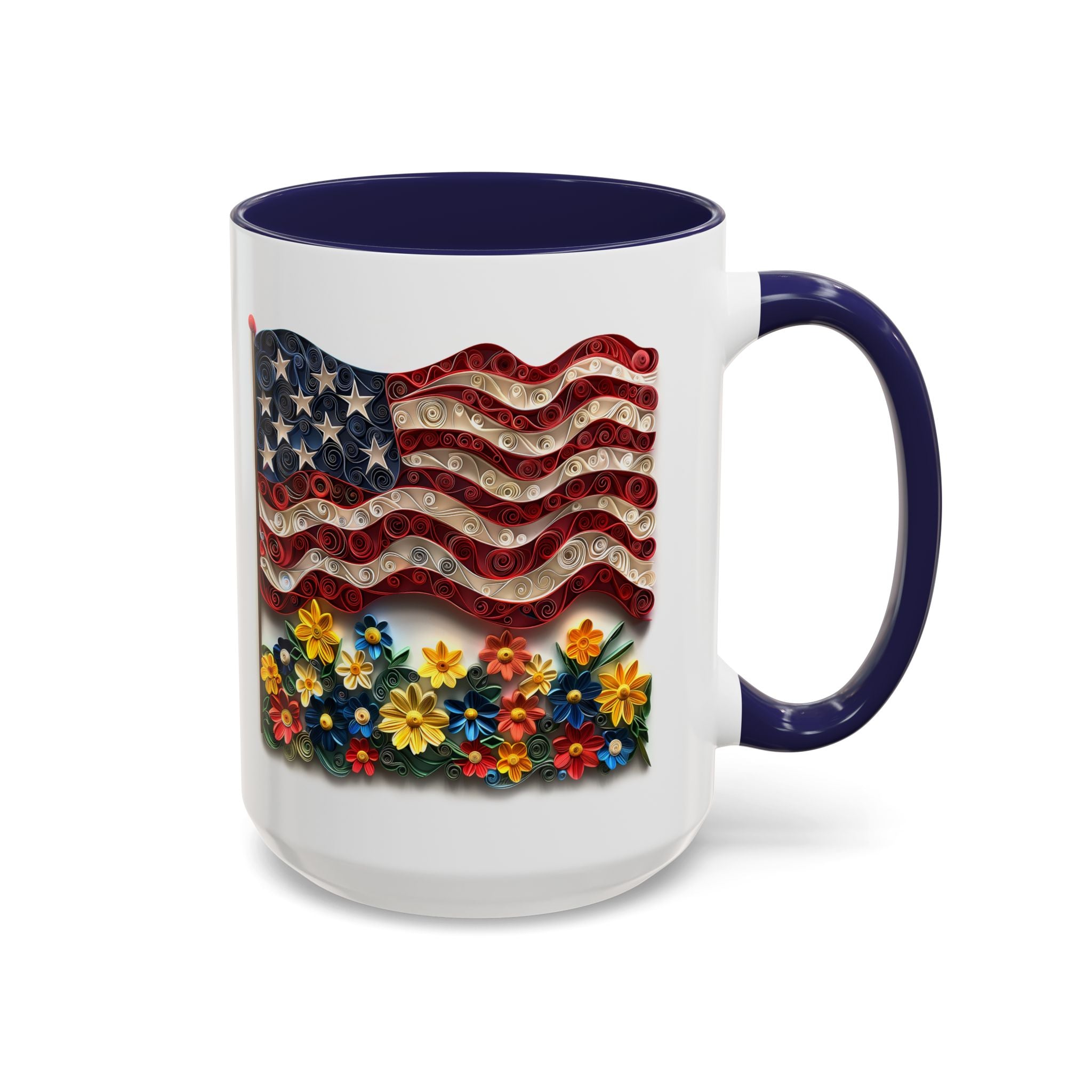 American Flag with Flowers, Paper Quilling Mug - Available in a variety of vibrant accent colors, and in 15oz and 11oz sizes. Dishwasher and microwave safe.