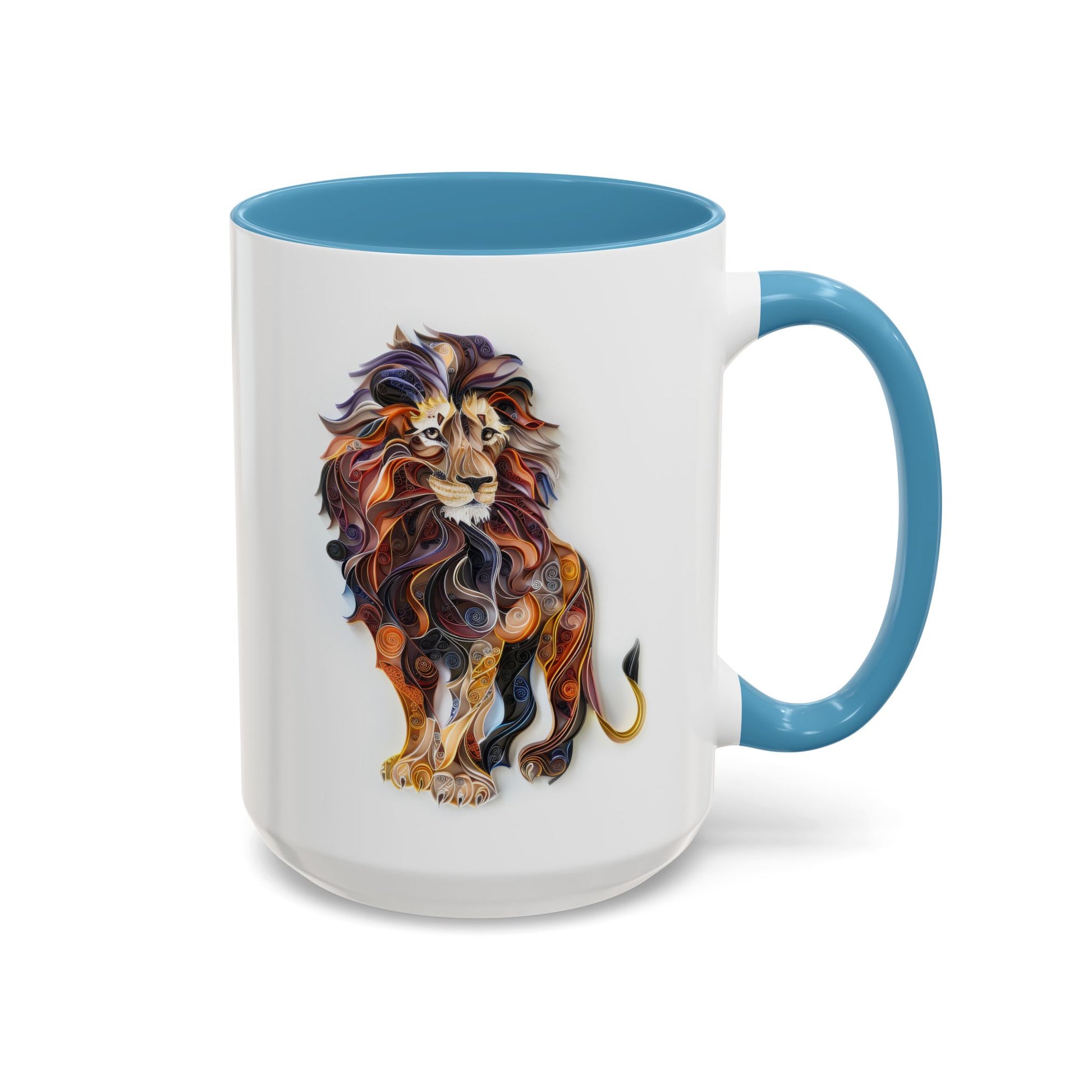 Lion, Paper Quilling Mug - Available in a variety of vibrant accent colors, and in 15oz and 11oz sizes. Dishwasher and microwave safe.
