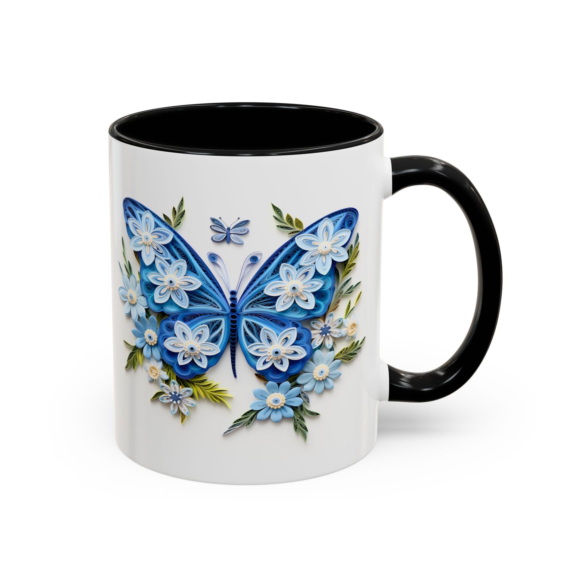 Blue Butterfly, Paper Quilling Mug - Available in a variety of vibrant accent colors, and in 15oz and 11oz sizes. Dishwasher and microwave safe.