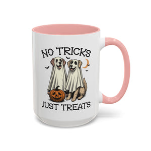 No Tricks, Just Treats - Vintage Dog Mug - Available in a variety of vibrant accent colors, and in 15oz and 11oz sizes. Dishwasher and microwave safe.