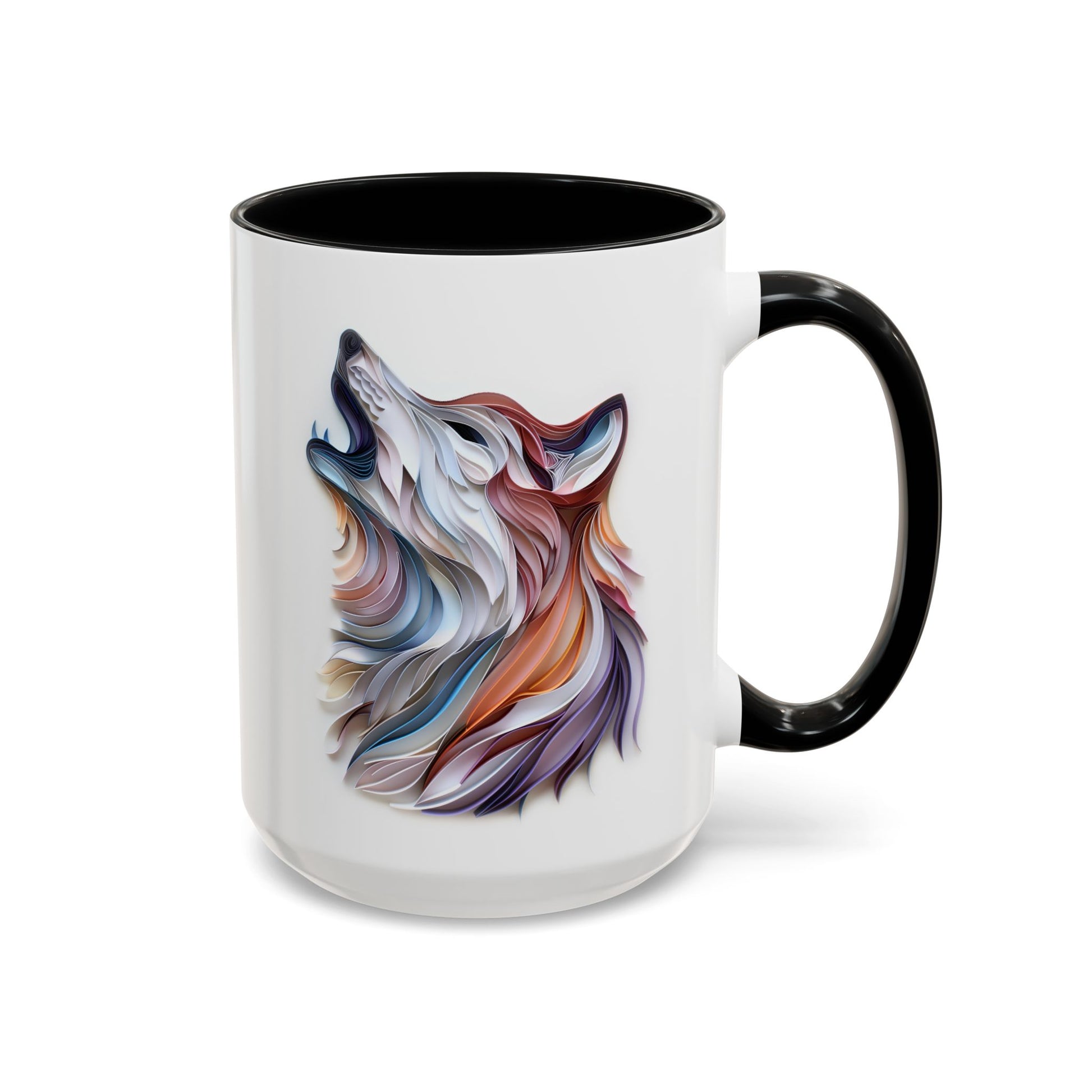 Howling Wolf, Paper Quilling Mug - Available in a variety of vibrant accent colors, and in 15oz and 11oz sizes. Dishwasher and microwave safe.