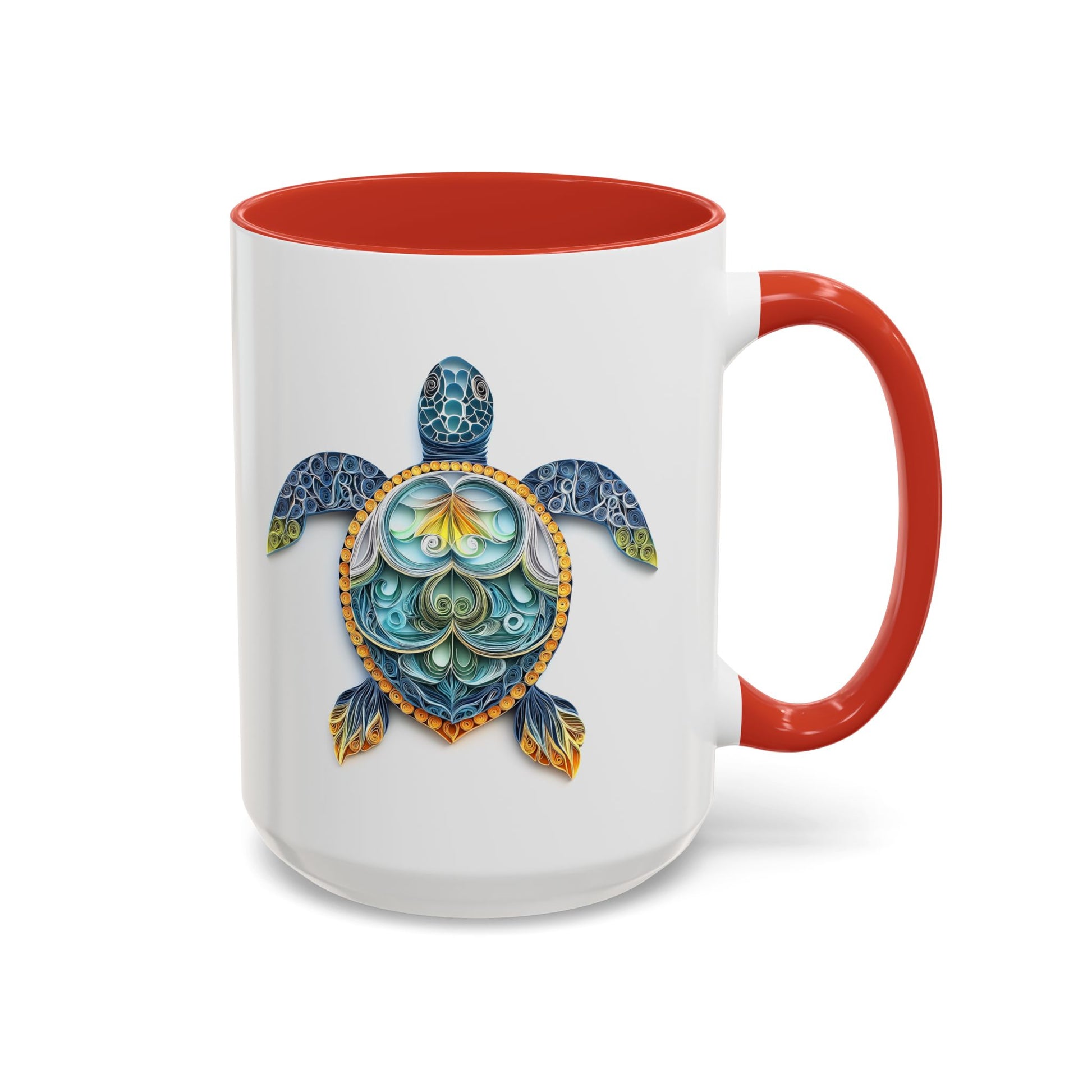 Sea Turtle, Paper Quilling Mug - Available in a variety of vibrant accent colors, and in 15oz and 11oz sizes. Dishwasher and microwave safe.