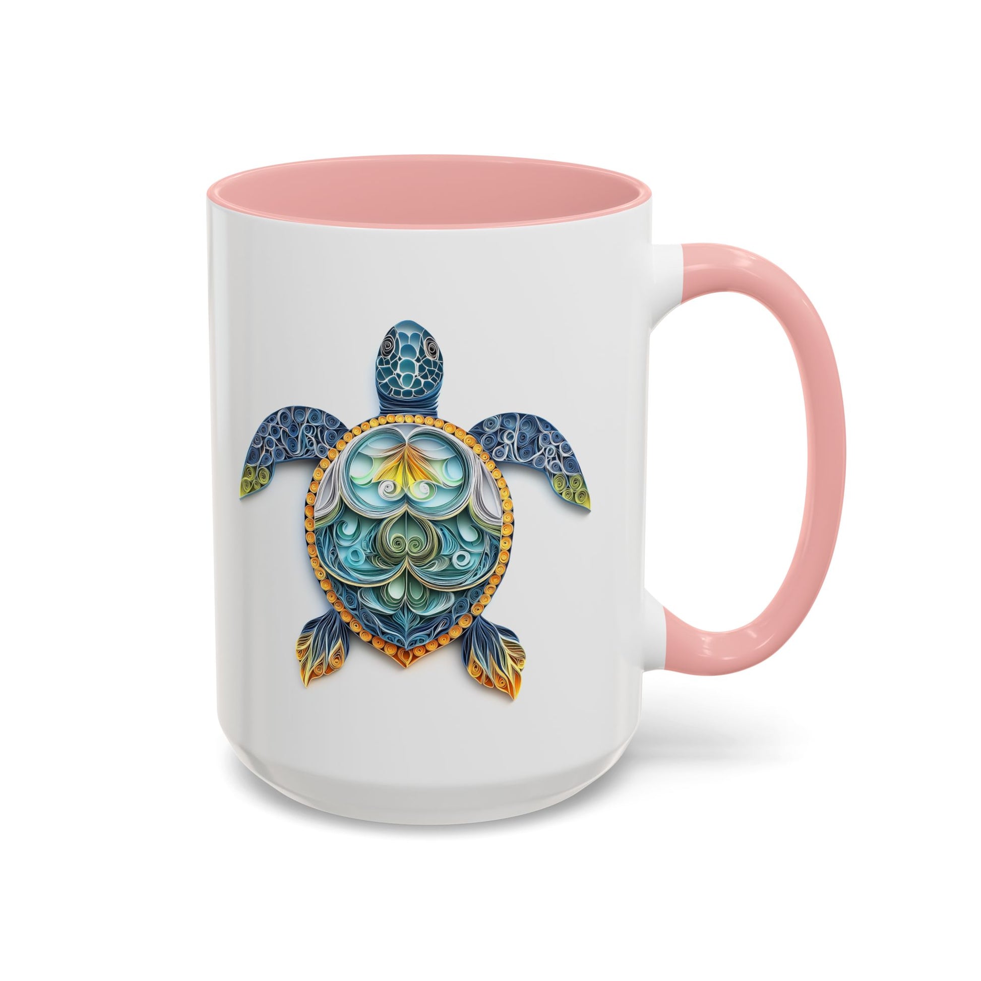Sea Turtle, Paper Quilling Mug - Available in a variety of vibrant accent colors, and in 15oz and 11oz sizes. Dishwasher and microwave safe.