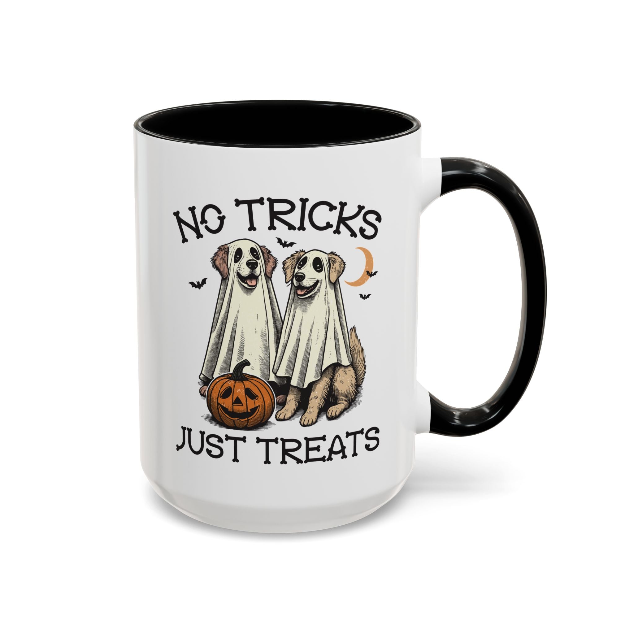 No Tricks, Just Treats - Vintage Dog Mug - Available in a variety of vibrant accent colors, and in 15oz and 11oz sizes. Dishwasher and microwave safe.