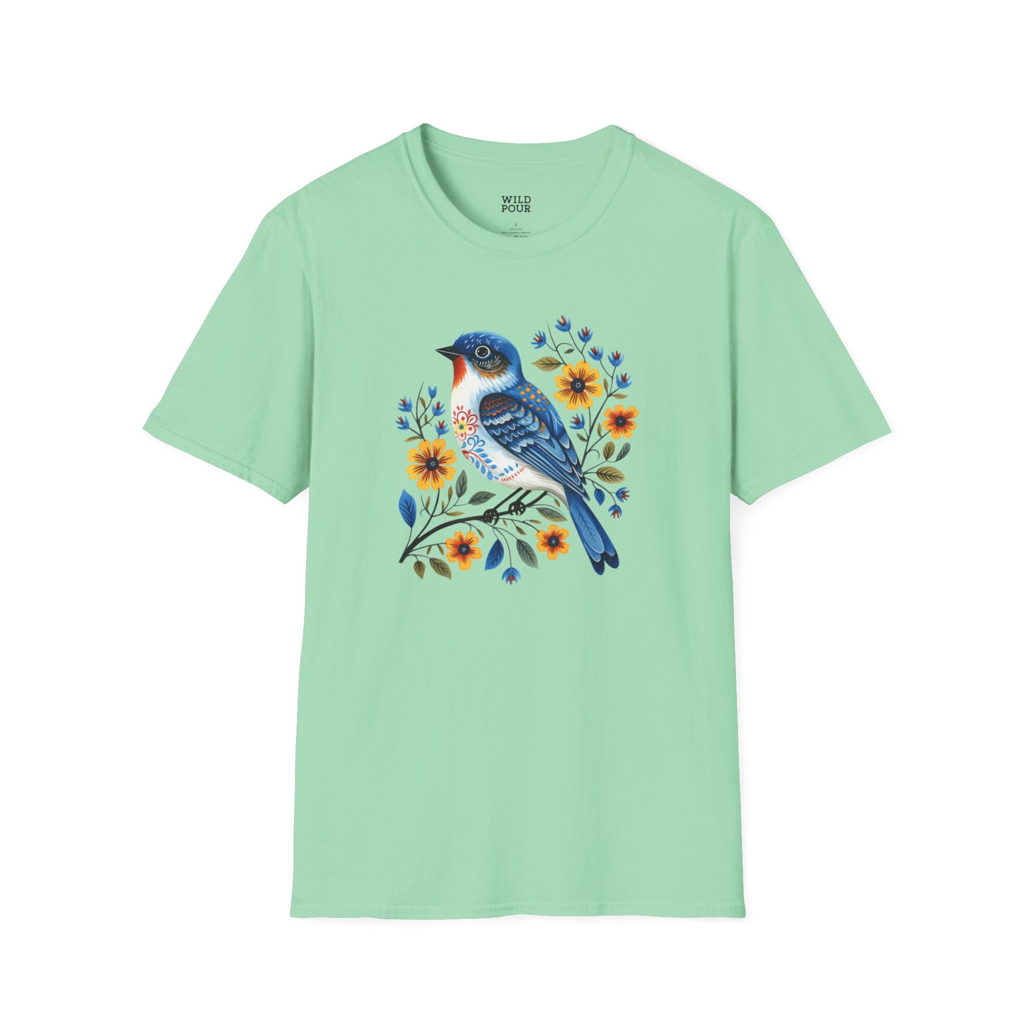 Blue Bird, Folk Art Tee-Adult Tees-Wild Pour