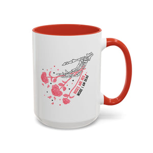 Roses are Red, Inside I'm Dead, Anti-Valentine's Skeleton Mug - Available in a variety of vibrant accent colors, and in 15oz and 11oz sizes. Dishwasher and microwave safe.