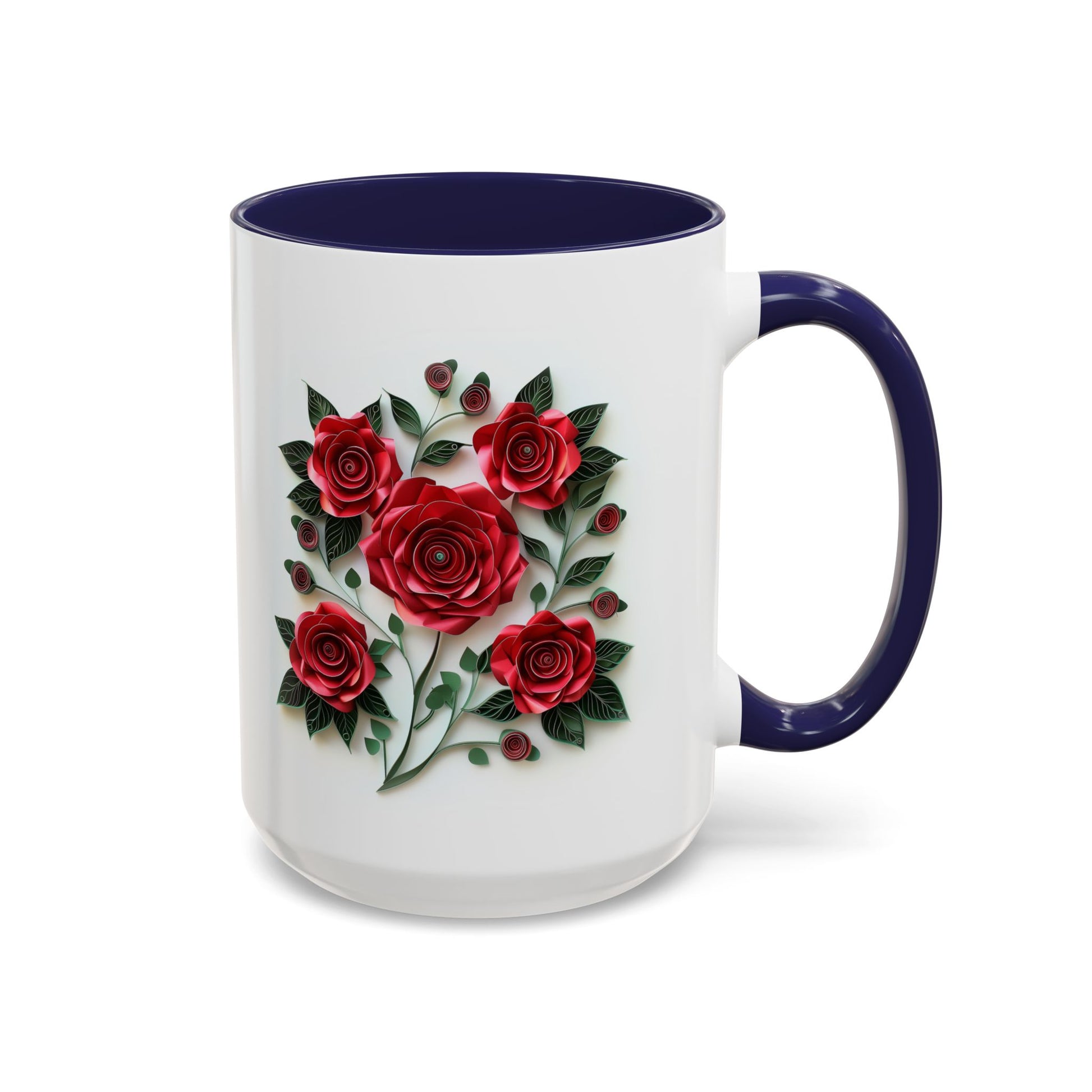 Red Roses, Paper Quilling Mug - Available in a variety of vibrant accent colors, and in 15oz and 11oz sizes. Dishwasher and microwave safe.