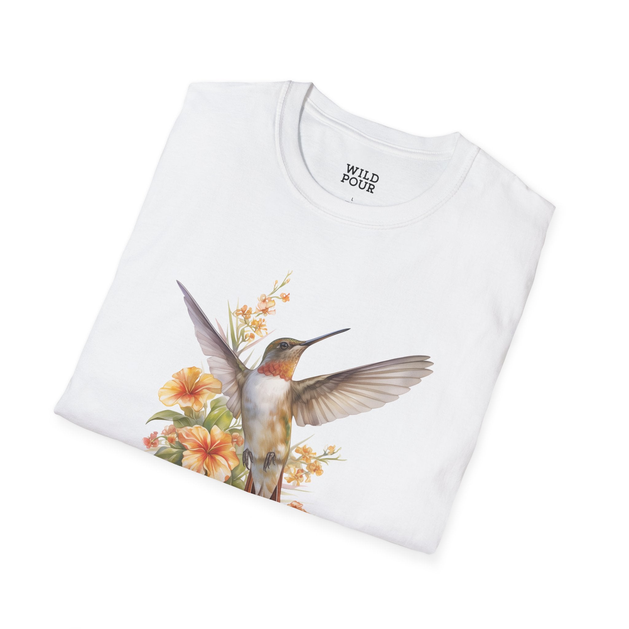 Hummingbird and Flowers, Soft Watercolor Tee-Adult Tees-Wild Pour