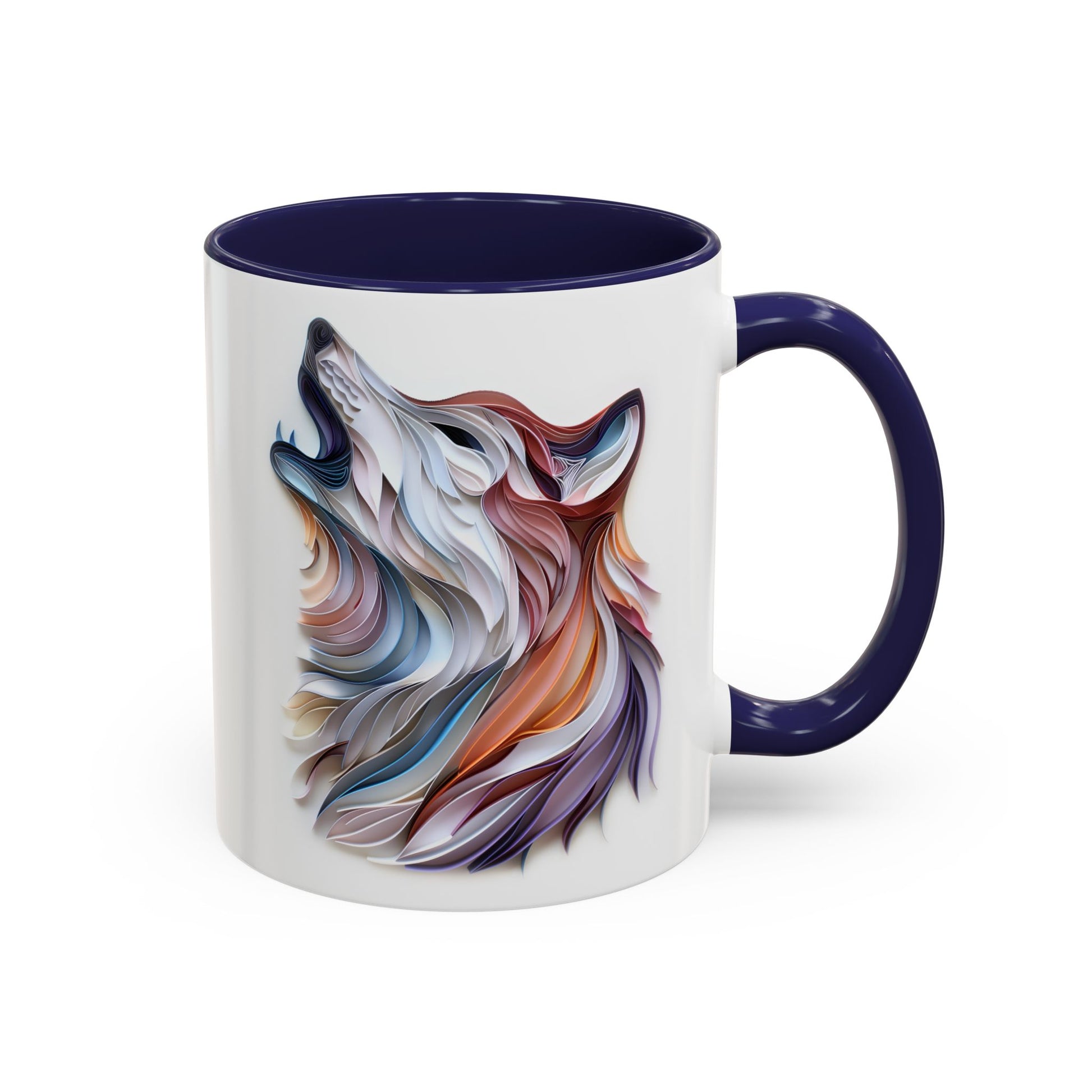 Howling Wolf, Paper Quilling Mug - Available in a variety of vibrant accent colors, and in 15oz and 11oz sizes. Dishwasher and microwave safe.