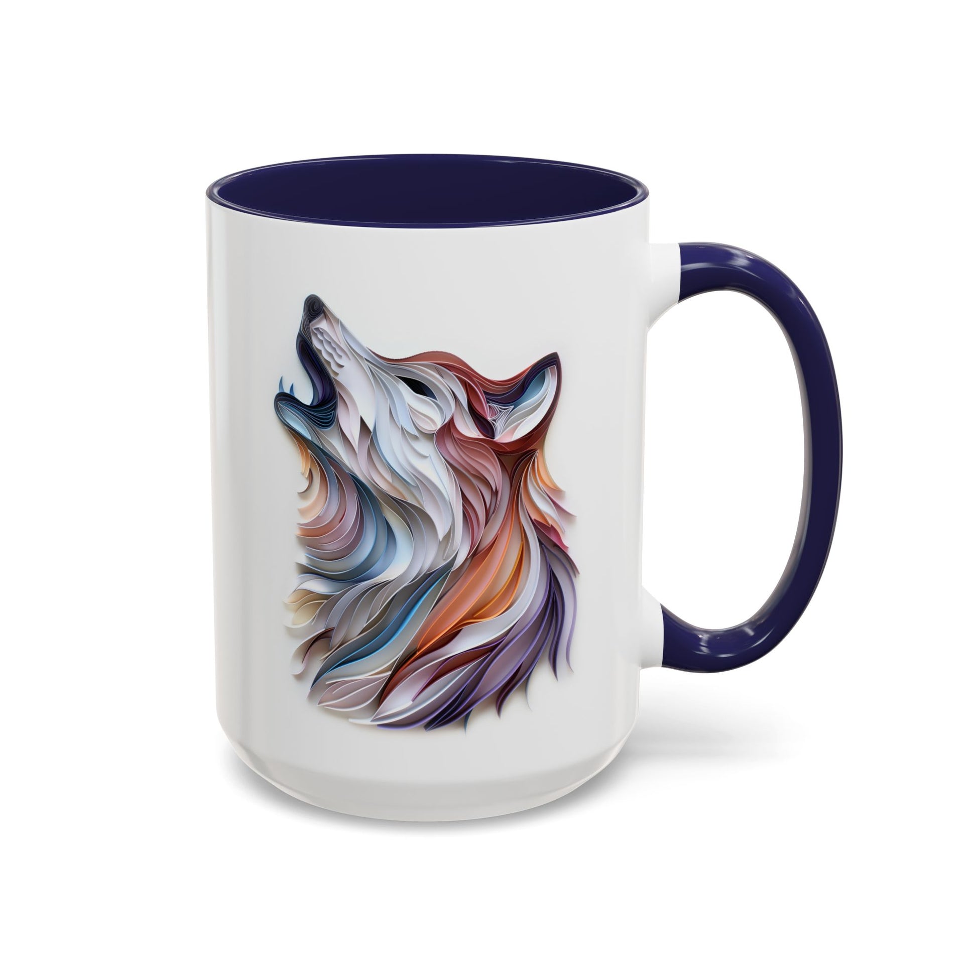 Howling Wolf, Paper Quilling Mug - Available in a variety of vibrant accent colors, and in 15oz and 11oz sizes. Dishwasher and microwave safe.