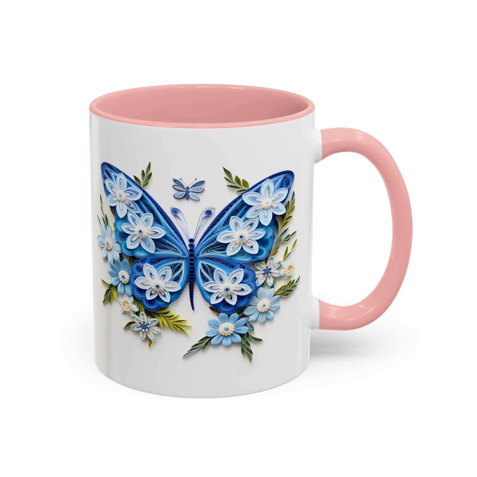 Blue Butterfly, Paper Quilling Mug - Available in a variety of vibrant accent colors, and in 15oz and 11oz sizes. Dishwasher and microwave safe.