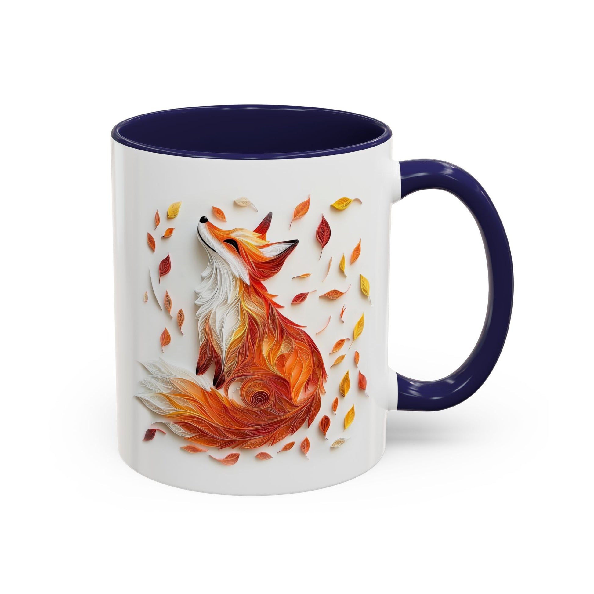 Fox in Fall Leaves, Paper Quilling Mug - Available in a variety of vibrant accent colors, and in 15oz and 11oz sizes. Dishwasher and microwave safe.