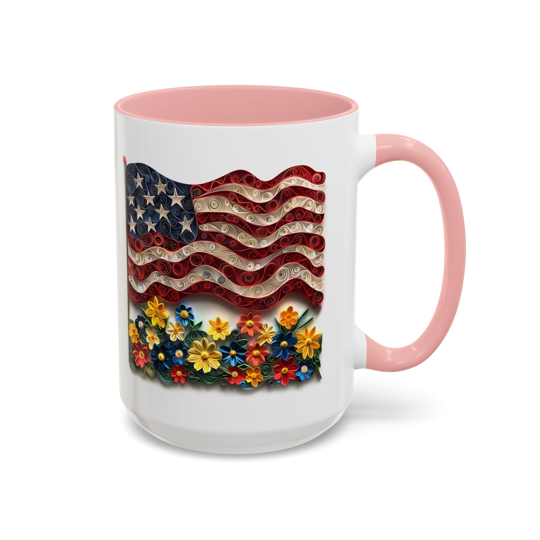 American Flag with Flowers, Paper Quilling Mug - Available in a variety of vibrant accent colors, and in 15oz and 11oz sizes. Dishwasher and microwave safe.