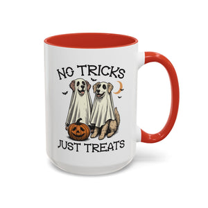 No Tricks, Just Treats - Vintage Dog Mug - Available in a variety of vibrant accent colors, and in 15oz and 11oz sizes. Dishwasher and microwave safe.