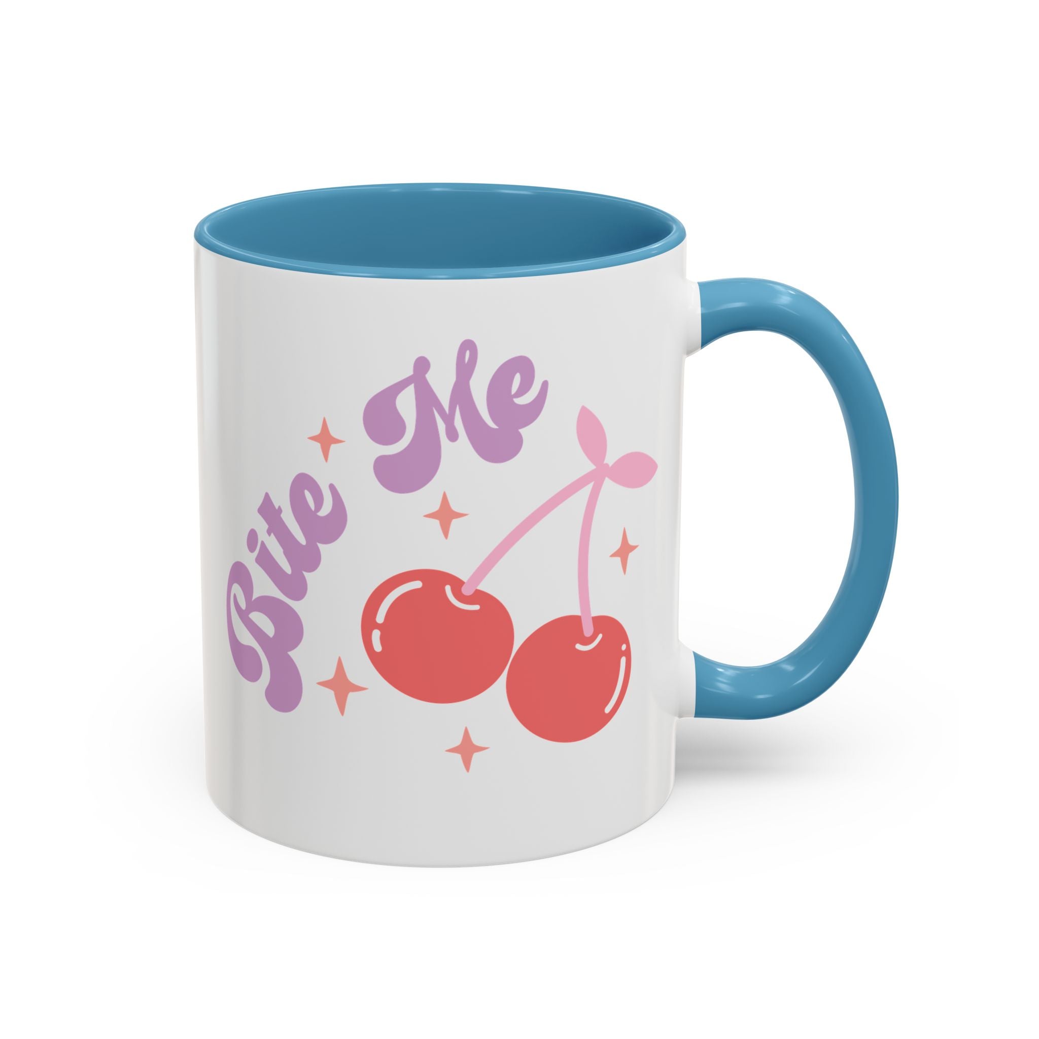 Bite Me, Anti-Valentine's Cherries Mug - Available in a variety of vibrant accent colors, and in 15oz and 11oz sizes. Dishwasher and microwave safe.