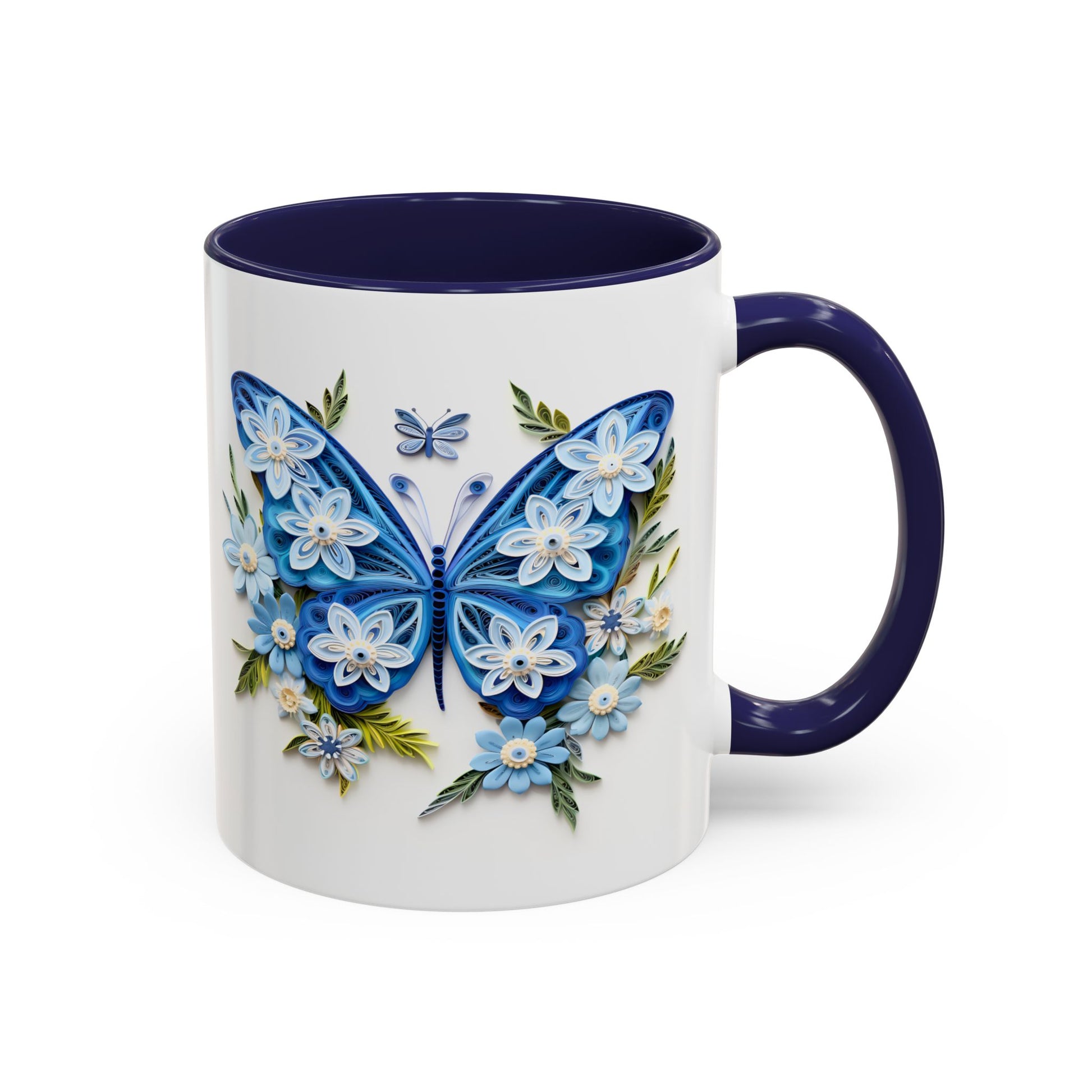 Blue Butterfly, Paper Quilling Mug - Available in a variety of vibrant accent colors, and in 15oz and 11oz sizes. Dishwasher and microwave safe.