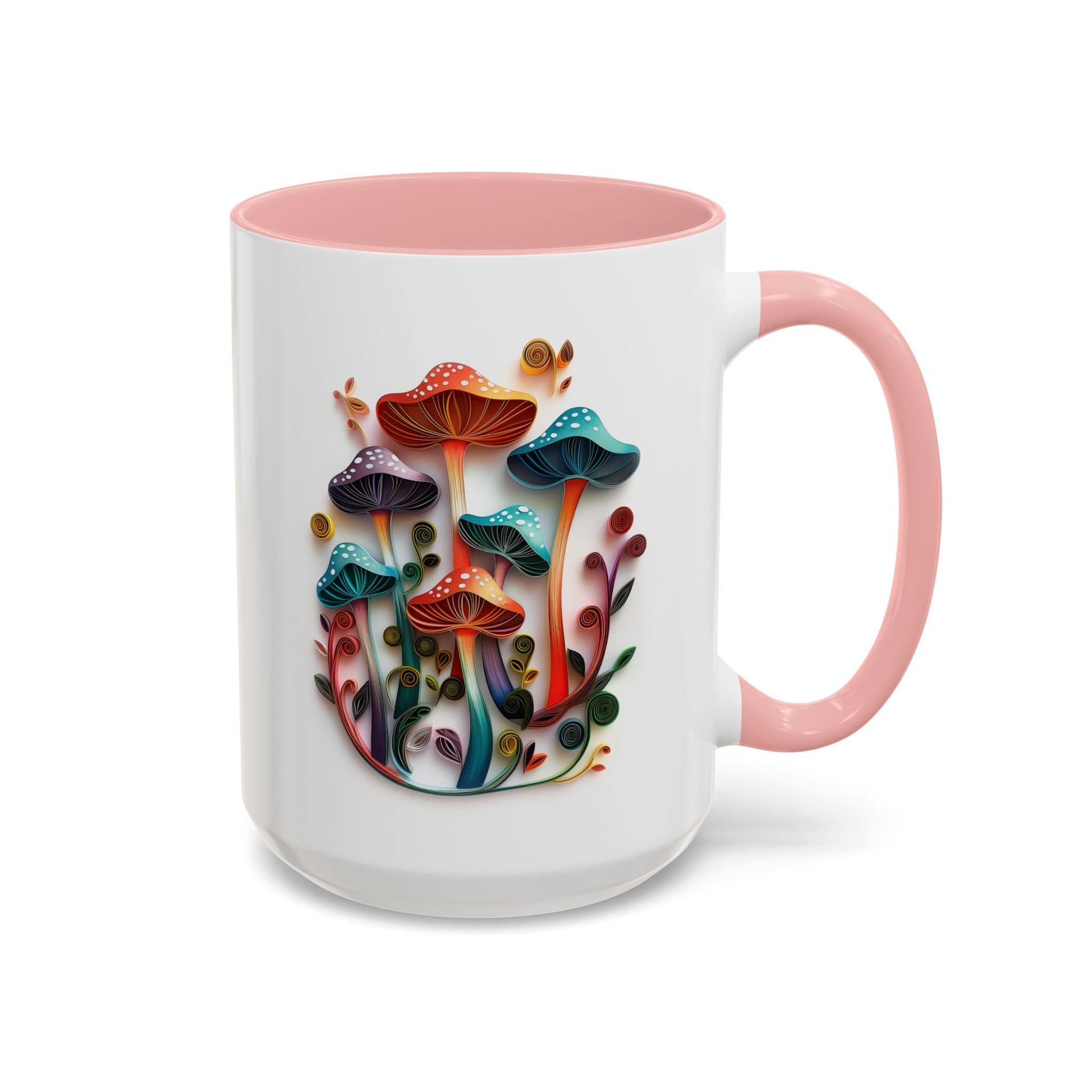 Whimsical Mushrooms, Paper Quilling Mug - Available in a variety of vibrant accent colors, and in 15oz and 11oz sizes. Dishwasher and microwave safe.