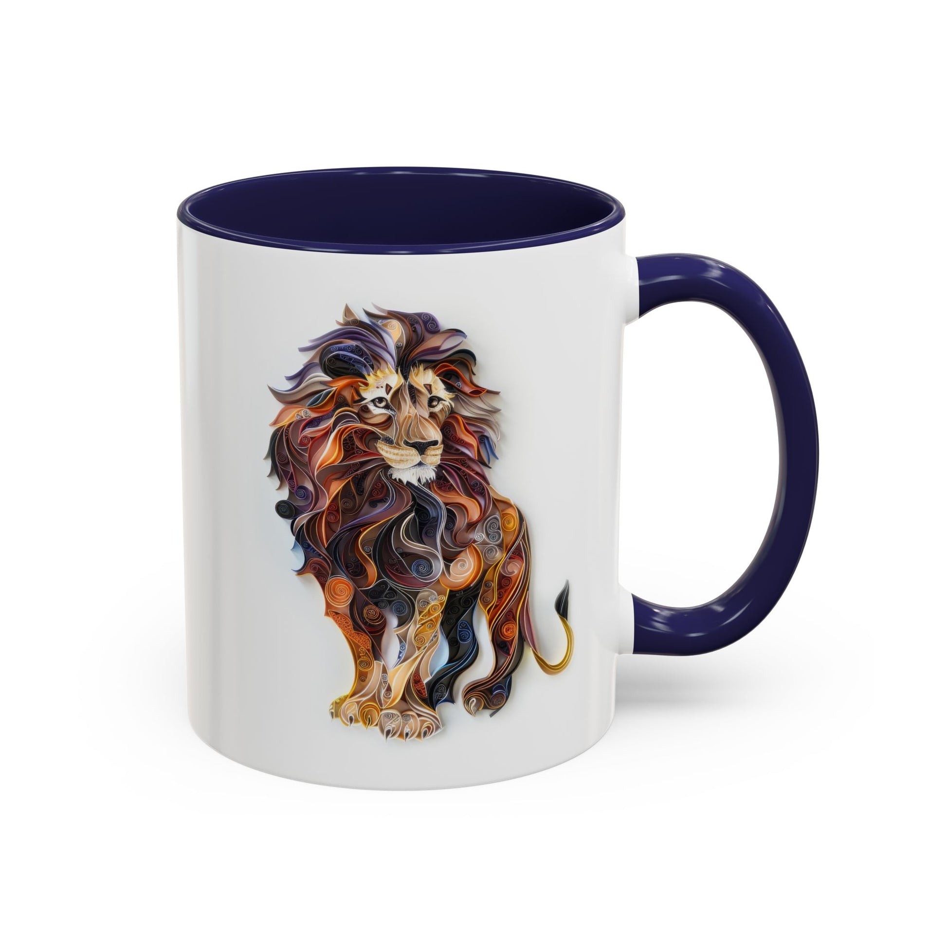Lion, Paper Quilling Mug - Available in a variety of vibrant accent colors, and in 15oz and 11oz sizes. Dishwasher and microwave safe.