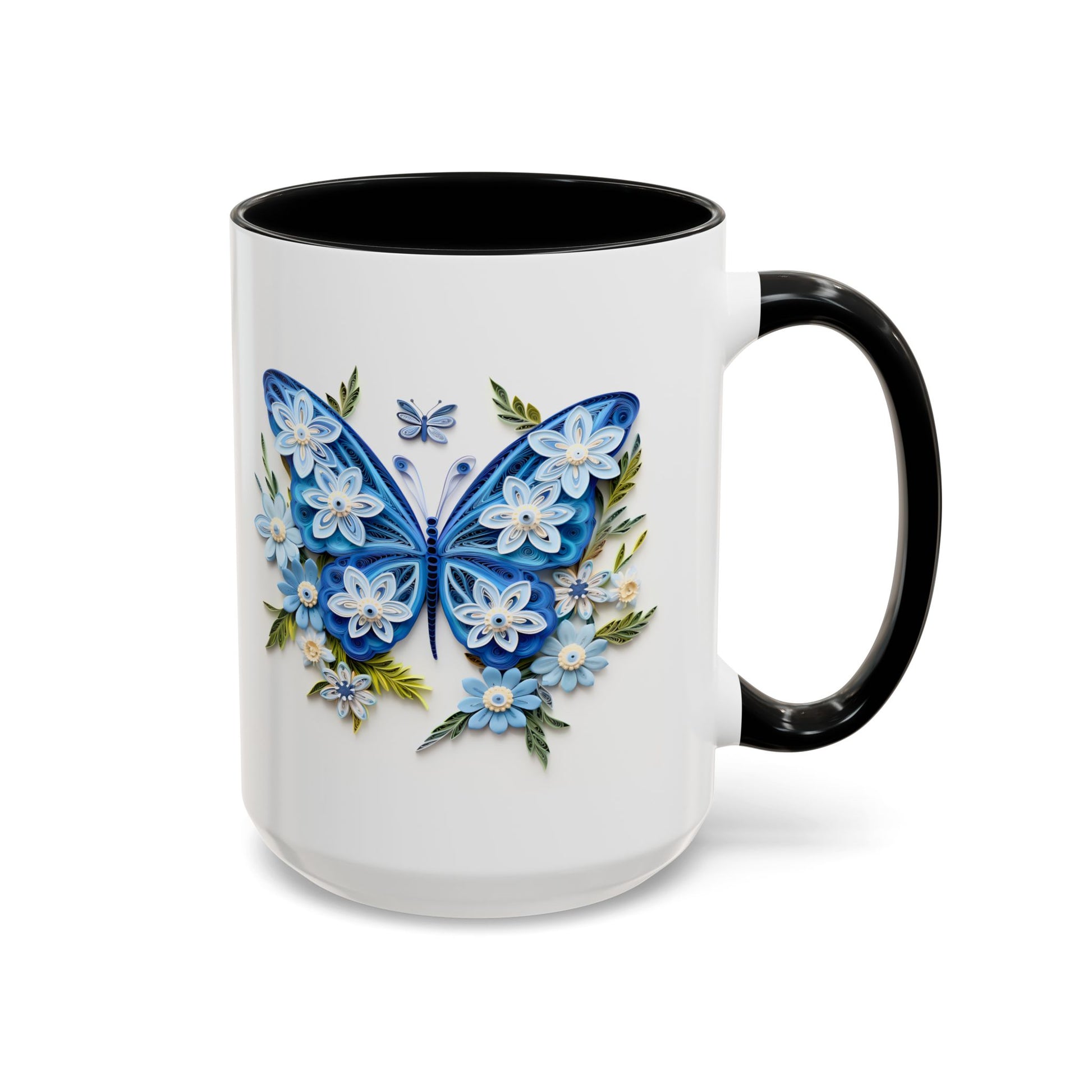 Blue Butterfly, Paper Quilling Mug - Available in a variety of vibrant accent colors, and in 15oz and 11oz sizes. Dishwasher and microwave safe.