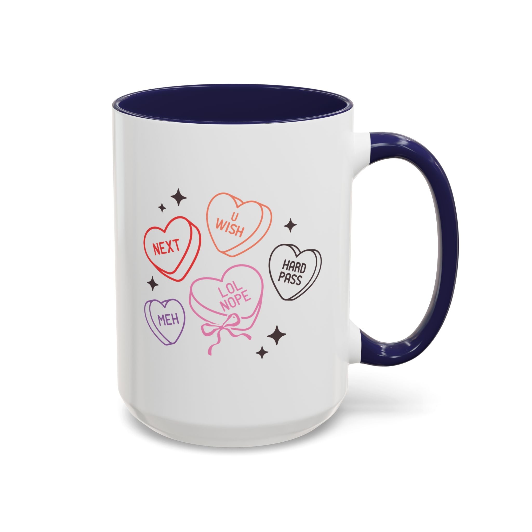 Candy Hearts, Anti-Valentine's Day Mug - Available in a variety of vibrant accent colors, and in 15oz and 11oz sizes. Dishwasher and microwave safe.