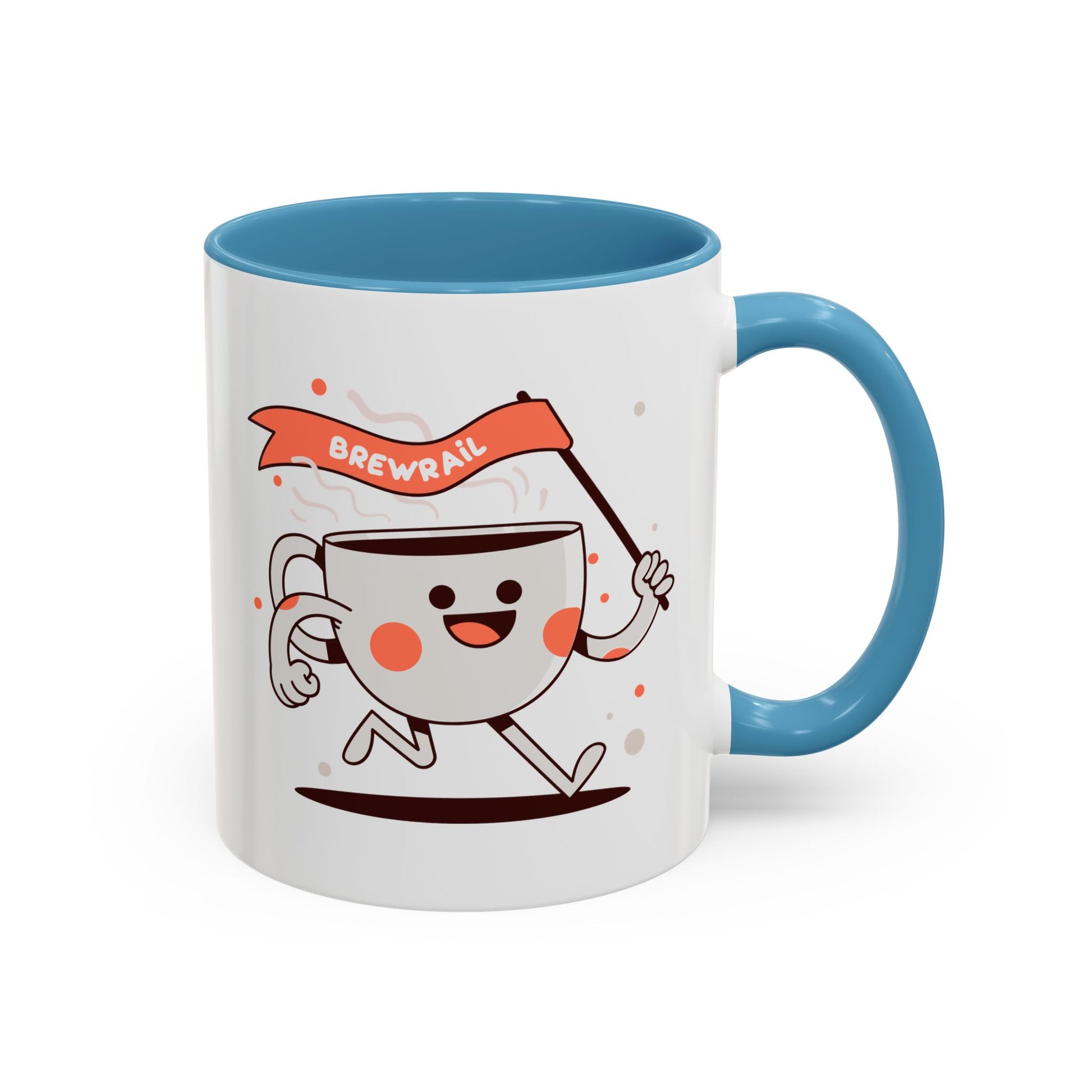 BrewRail, Happy Coffee Cup Mug - Available in a variety of vibrant accent colors, and in 15oz and 11oz sizes. Dishwasher and microwave safe.