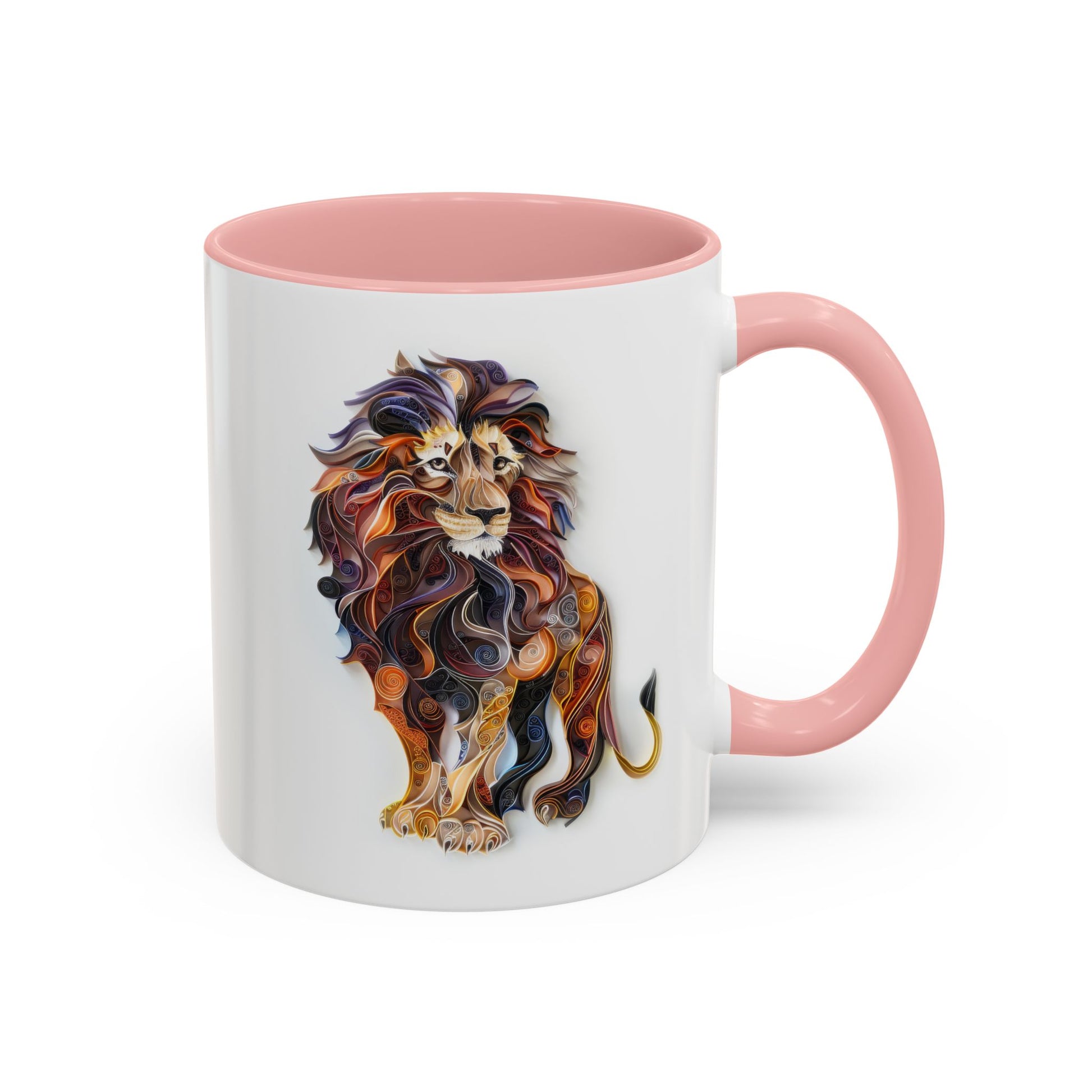 Lion, Paper Quilling Mug - Available in a variety of vibrant accent colors, and in 15oz and 11oz sizes. Dishwasher and microwave safe.