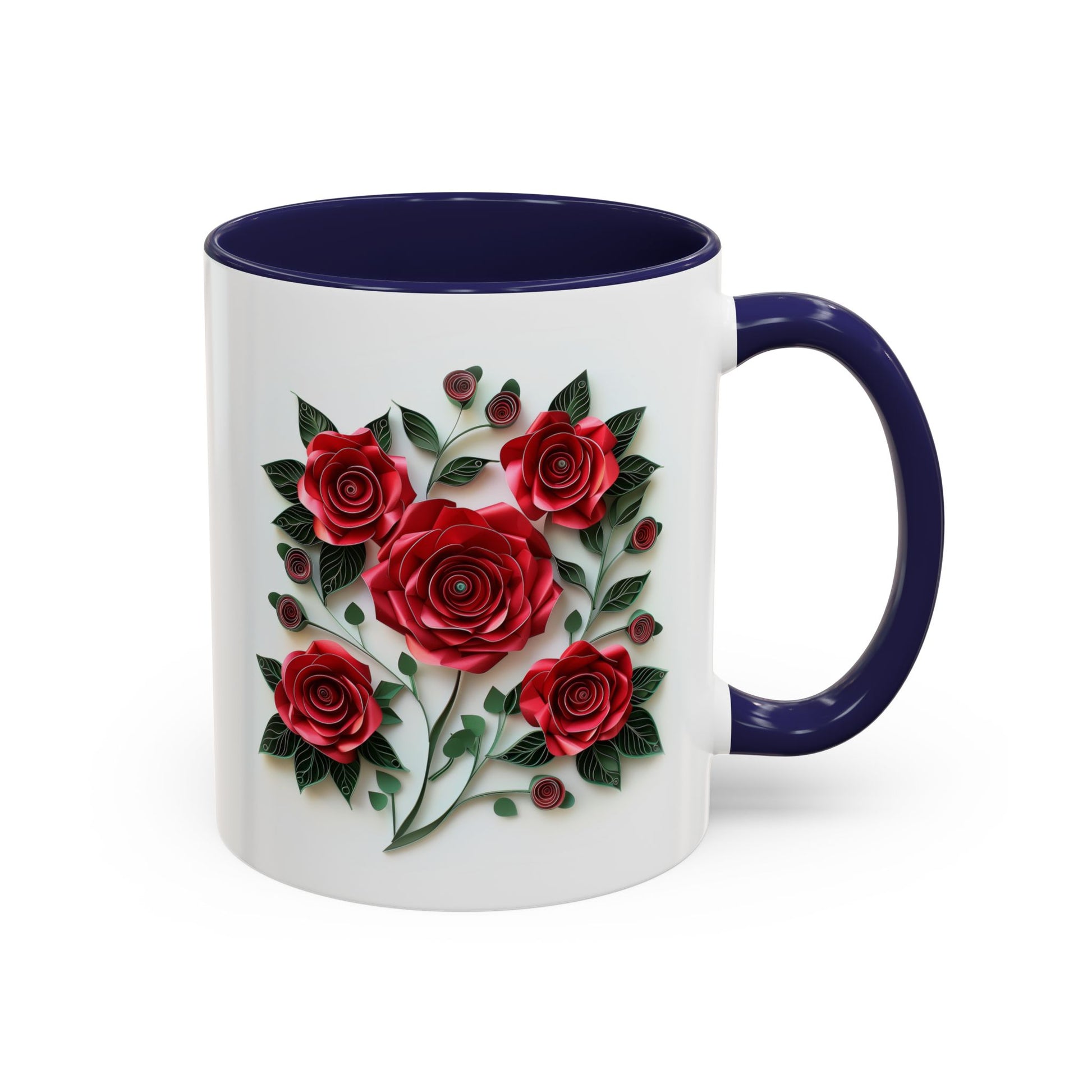 Red Roses, Paper Quilling Mug - Available in a variety of vibrant accent colors, and in 15oz and 11oz sizes. Dishwasher and microwave safe.