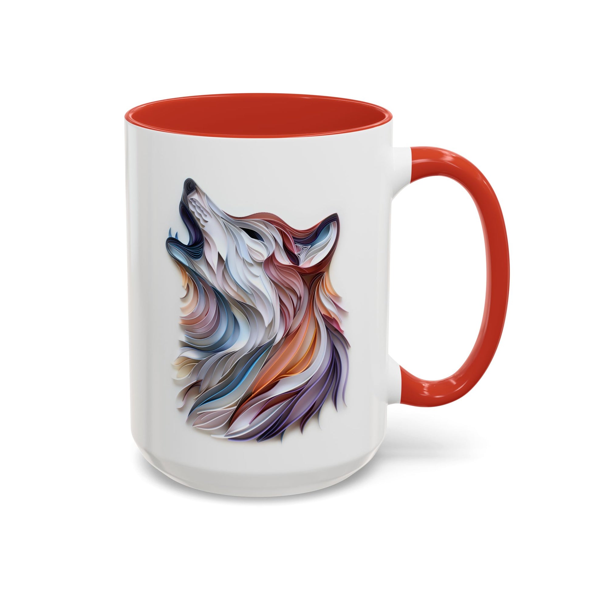 Howling Wolf, Paper Quilling Mug - Available in a variety of vibrant accent colors, and in 15oz and 11oz sizes. Dishwasher and microwave safe.