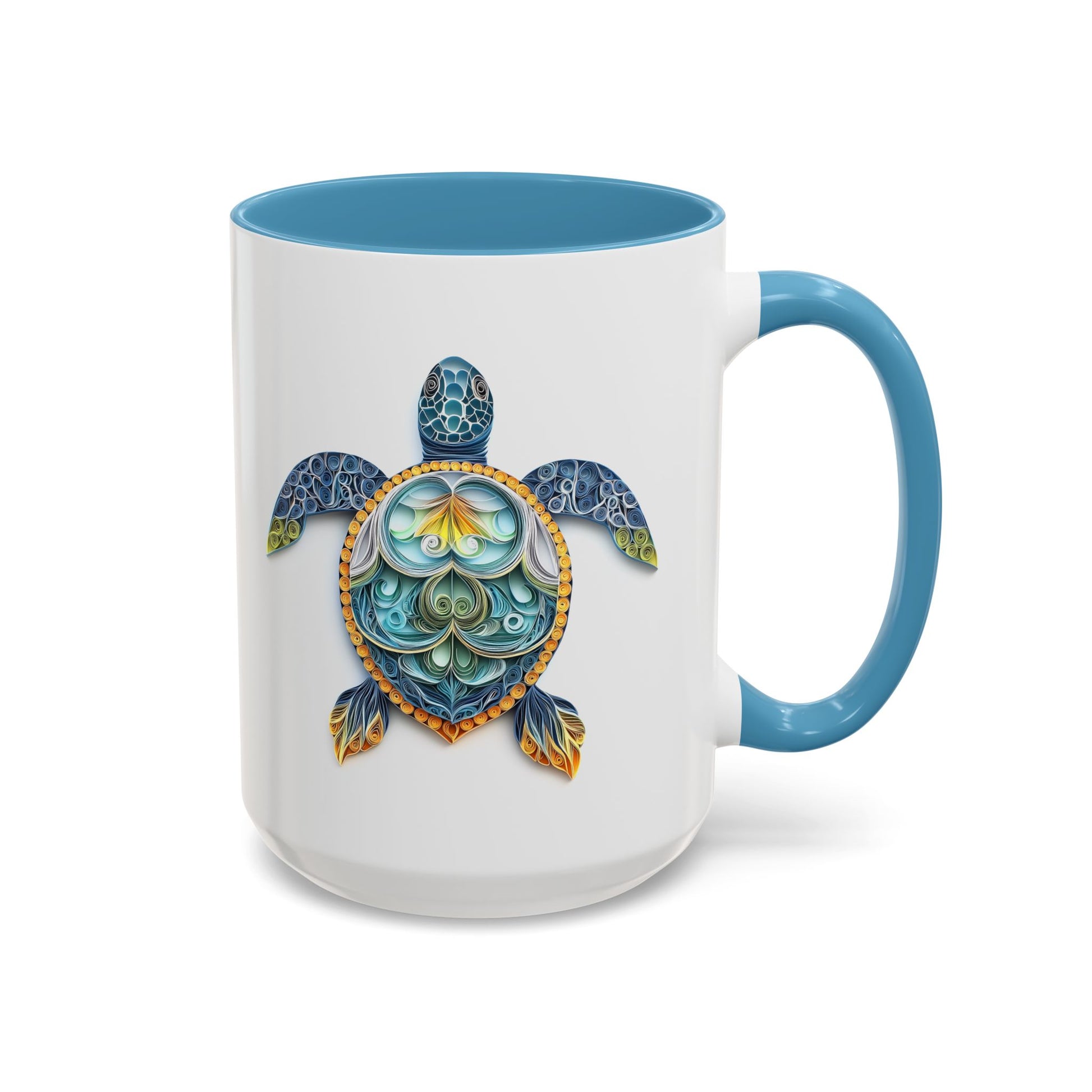 Sea Turtle, Paper Quilling Mug - Available in a variety of vibrant accent colors, and in 15oz and 11oz sizes. Dishwasher and microwave safe.