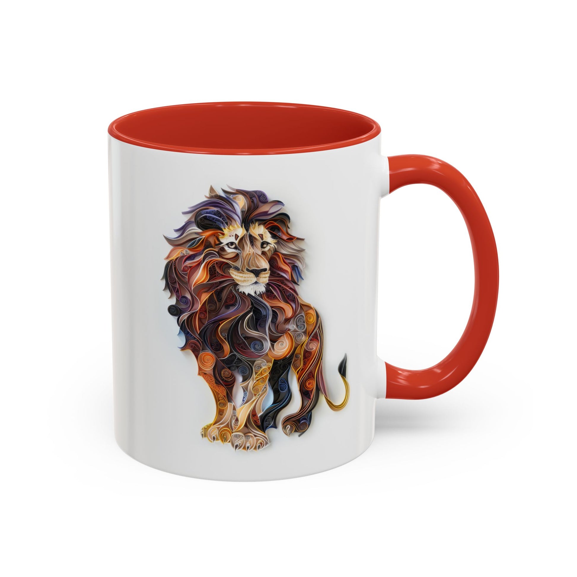 Lion, Paper Quilling Mug - Available in a variety of vibrant accent colors, and in 15oz and 11oz sizes. Dishwasher and microwave safe.