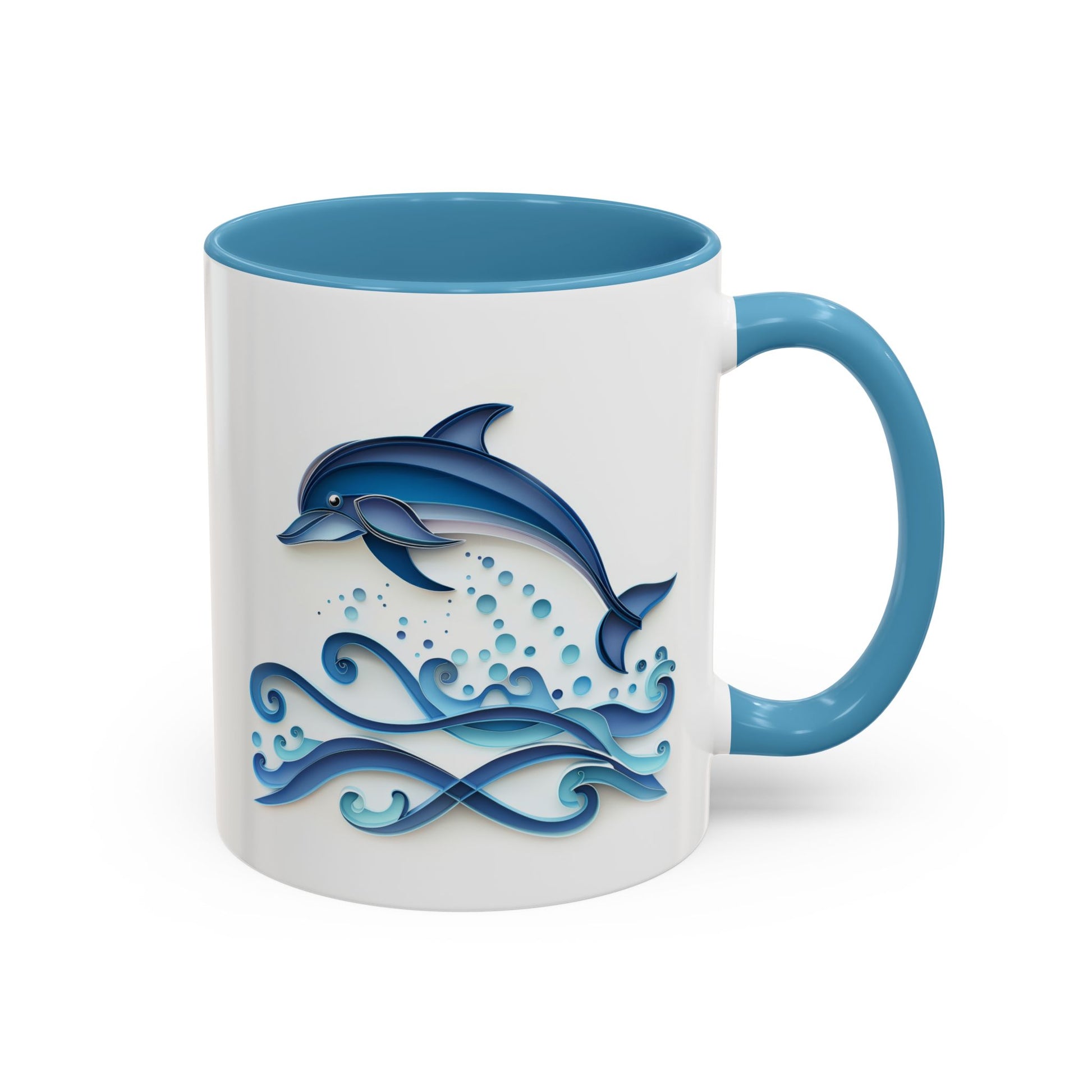 Dolphin, Paper Quilling Mug - Available in a variety of vibrant accent colors, and in 15oz and 11oz sizes. Dishwasher and microwave safe.