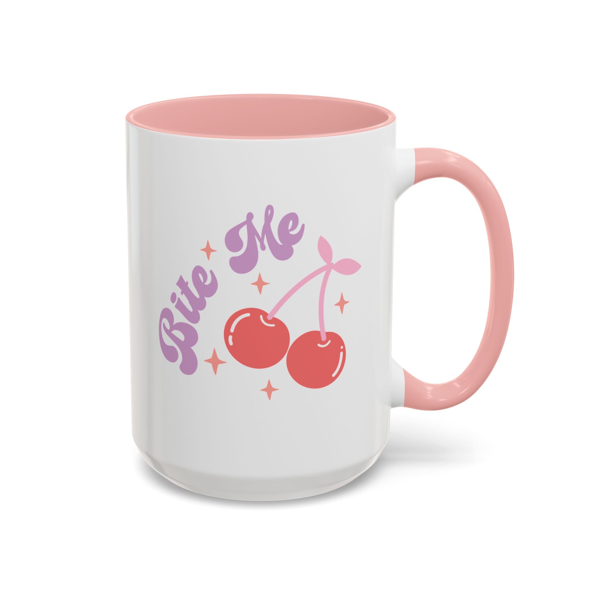 Bite Me, Anti-Valentine's Cherries Mug - Available in a variety of vibrant accent colors, and in 15oz and 11oz sizes. Dishwasher and microwave safe.