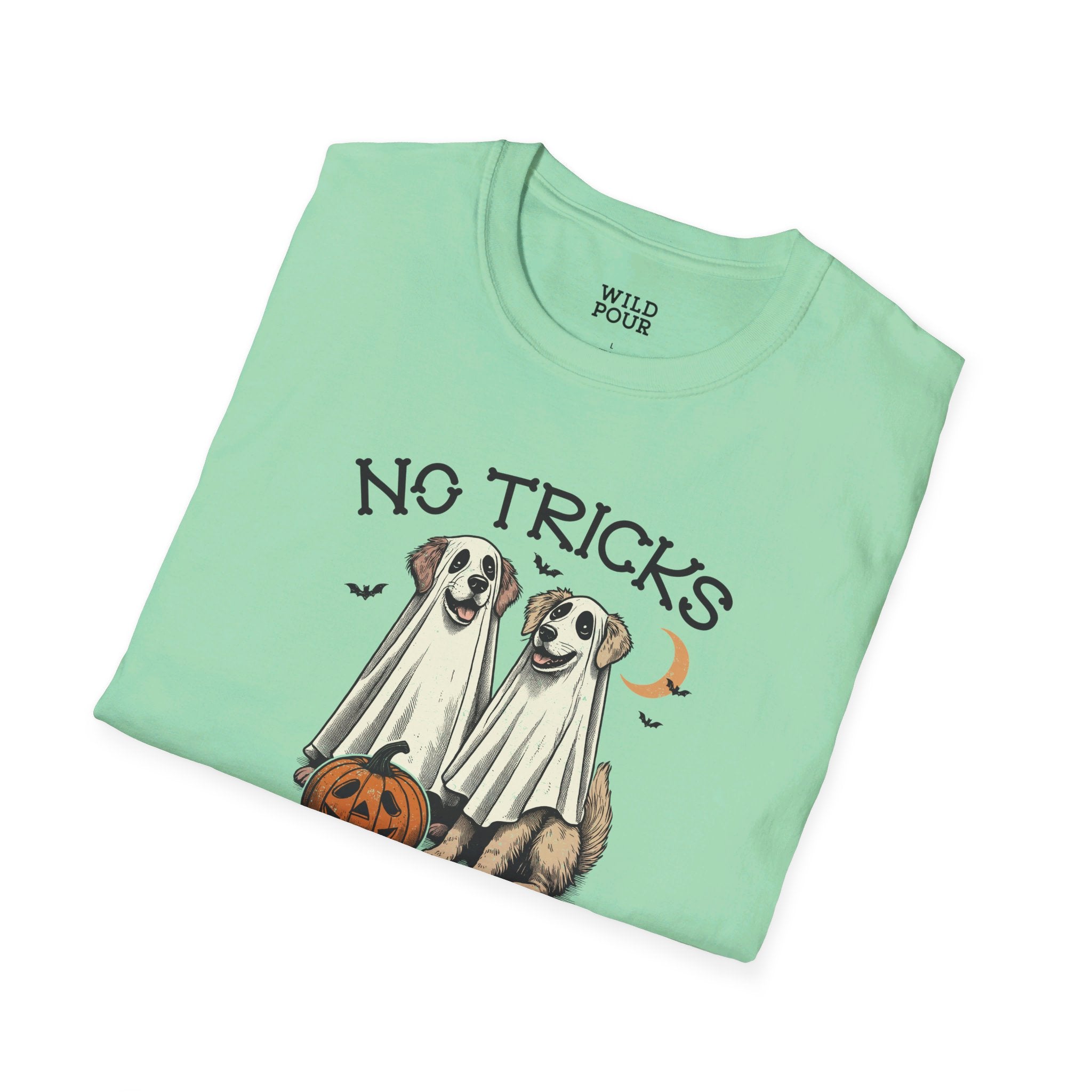 No Tricks, Just Treats - Vintage Dog Tee - Ultra-soft and super comfy, our premium quality unisex tees are perfect for any season.