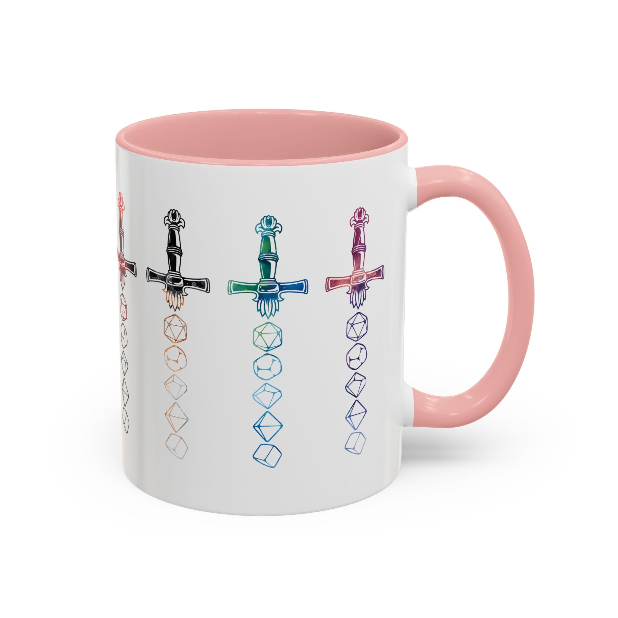 D&D Dice Sword, Multicolor Wrap-Around Mug - Available in a variety of vibrant accent colors, and in 15oz and 11oz sizes. Dishwasher and microwave safe.