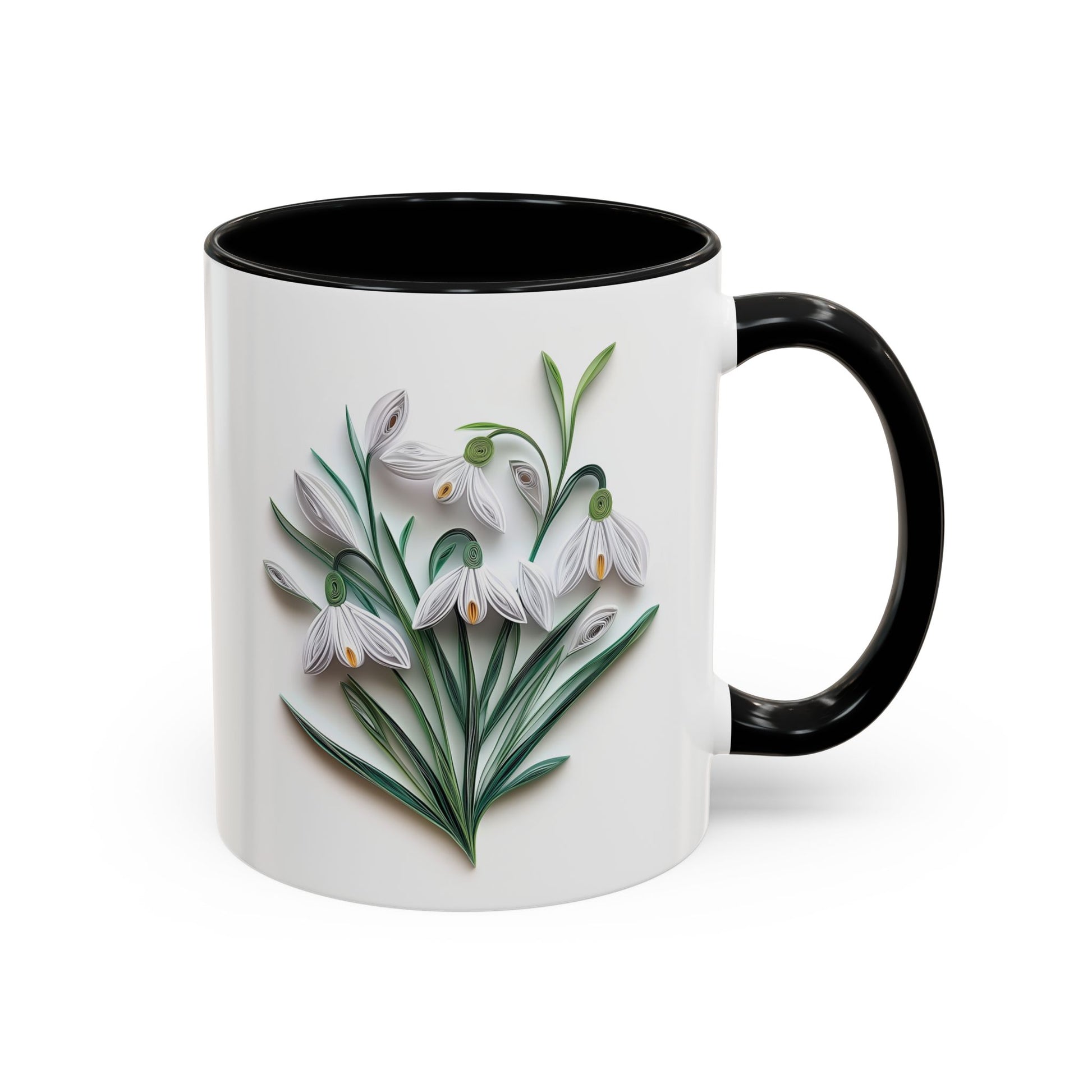 January Snowdrop, Birth Month Paper Quilling Mug - Available in a variety of vibrant accent colors, and in 15oz and 11oz sizes. Dishwasher and microwave safe.