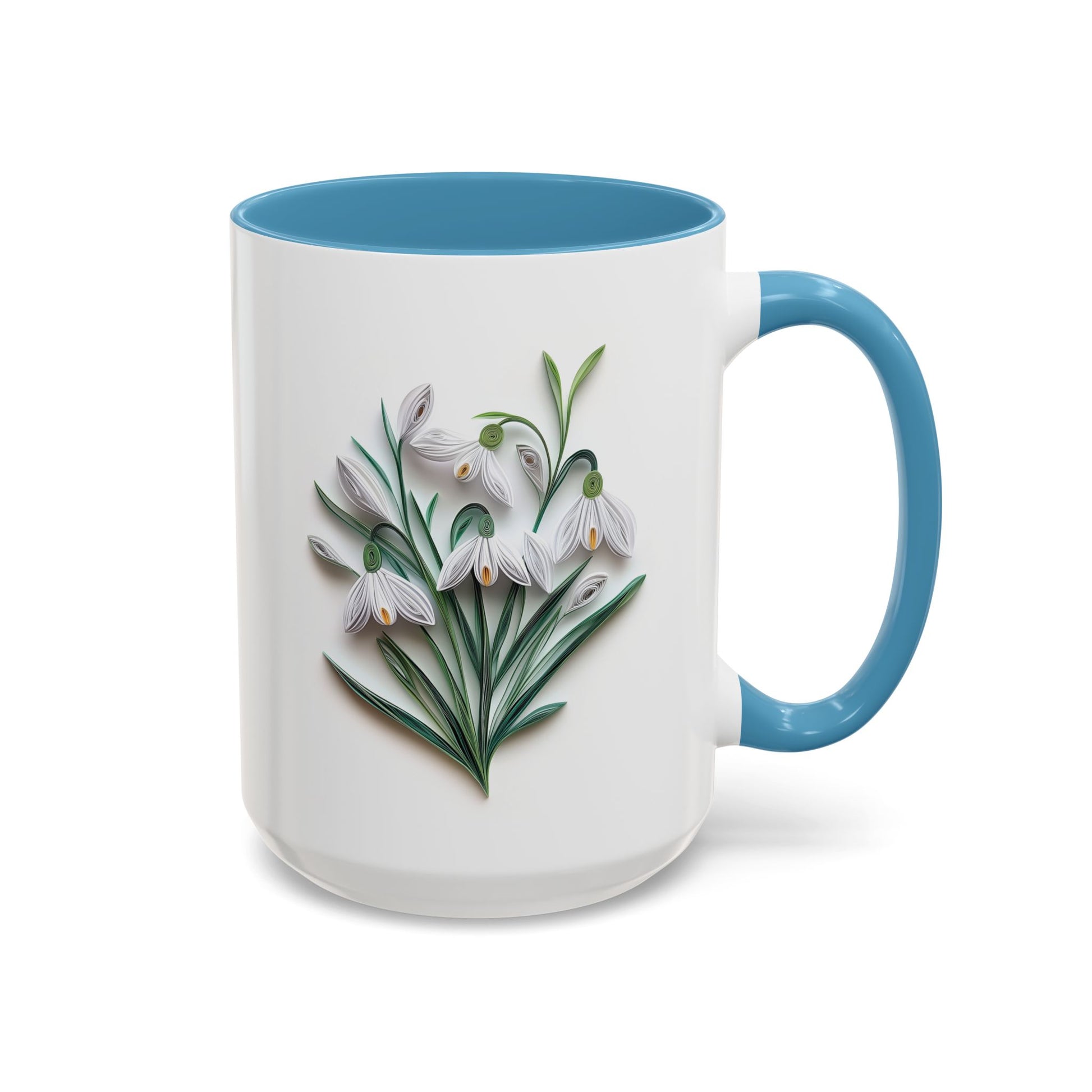 January Snowdrop, Birth Month Paper Quilling Mug - Available in a variety of vibrant accent colors, and in 15oz and 11oz sizes. Dishwasher and microwave safe.