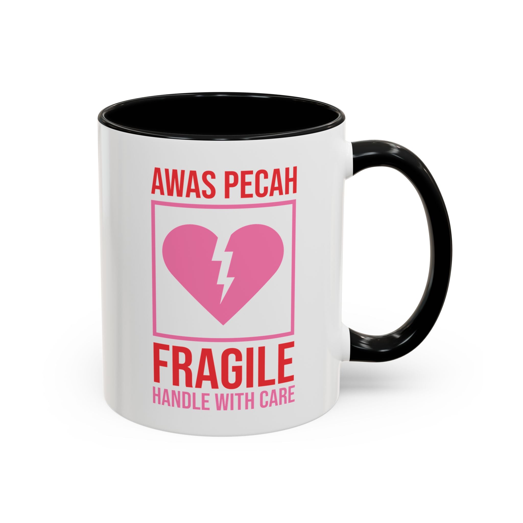 Awas Pecah, Fragile Handle with Care Valentine's Day Mug - Available in a variety of vibrant accent colors, and in 15oz and 11oz sizes. Dishwasher and microwave safe.