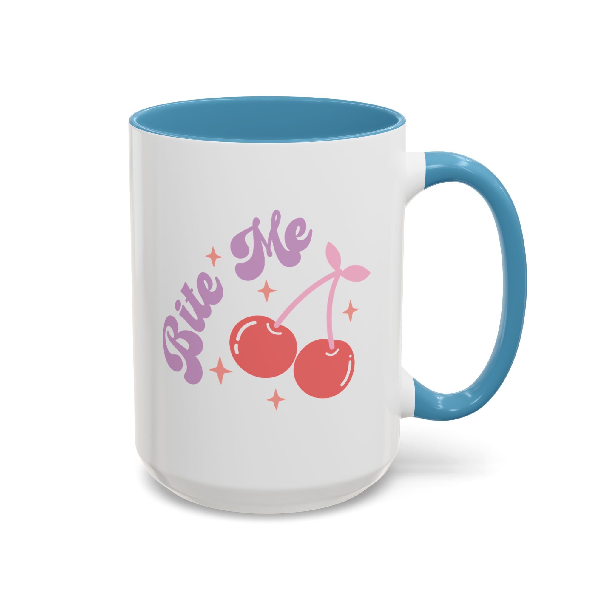 Bite Me, Anti-Valentine's Cherries Mug - Available in a variety of vibrant accent colors, and in 15oz and 11oz sizes. Dishwasher and microwave safe.