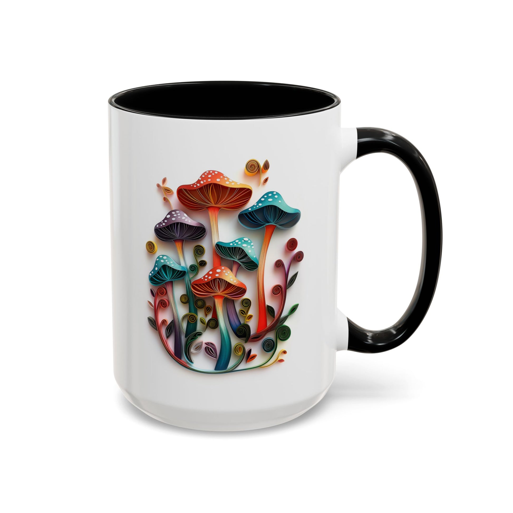 Whimsical Mushrooms, Paper Quilling Mug - Available in a variety of vibrant accent colors, and in 15oz and 11oz sizes. Dishwasher and microwave safe.