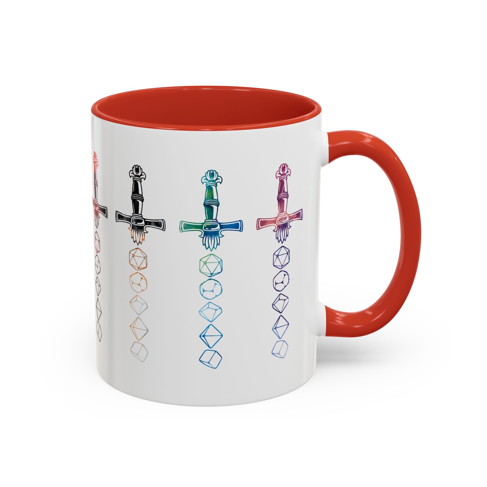 D&D Dice Sword, Multicolor Wrap-Around Mug - Available in a variety of vibrant accent colors, and in 15oz and 11oz sizes. Dishwasher and microwave safe.