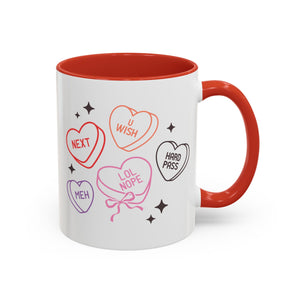 Candy Hearts, Anti-Valentine's Day Mug - Available in a variety of vibrant accent colors, and in 15oz and 11oz sizes. Dishwasher and microwave safe.