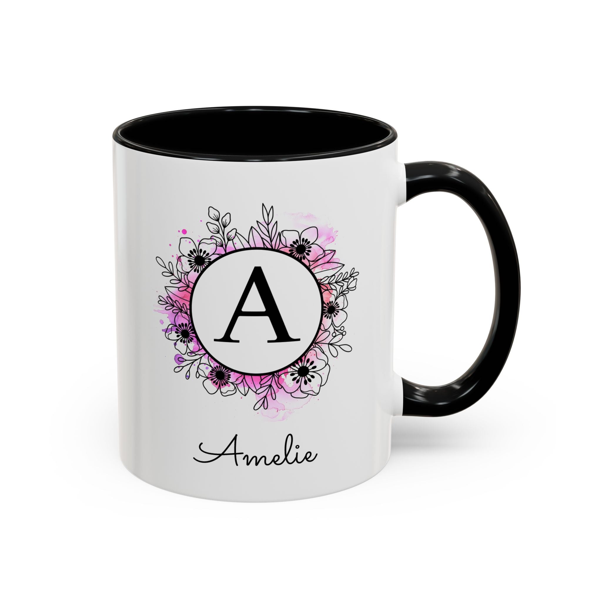 Floral Watercolor Initial and Name, Personalized Monogram Mug-Mug-Wild Pour