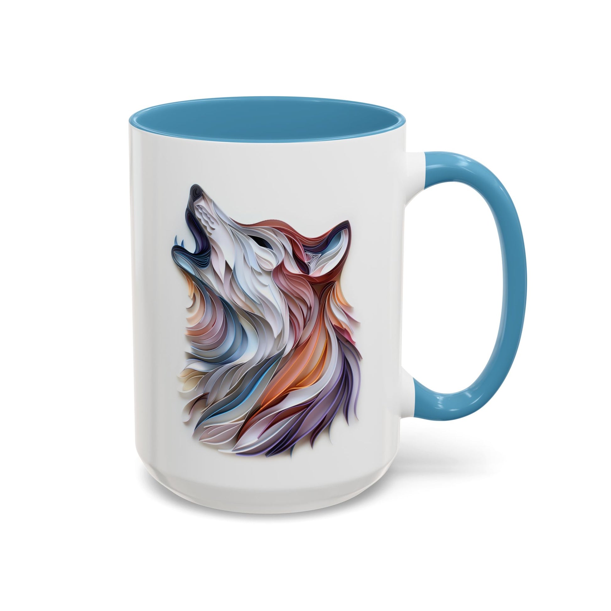 Howling Wolf, Paper Quilling Mug - Available in a variety of vibrant accent colors, and in 15oz and 11oz sizes. Dishwasher and microwave safe.