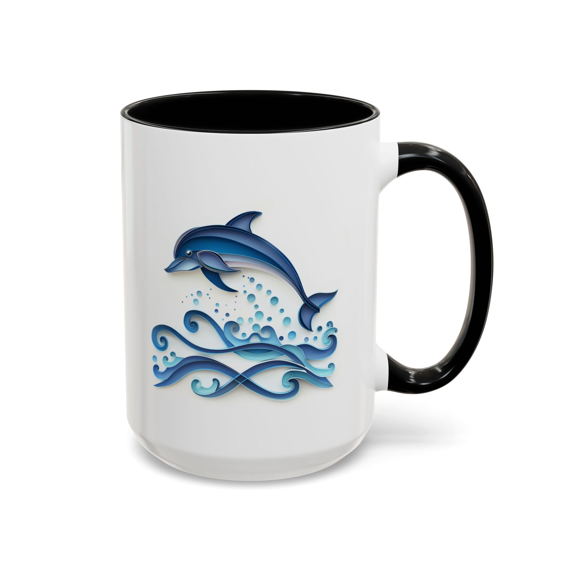 Dolphin, Paper Quilling Mug - Available in a variety of vibrant accent colors, and in 15oz and 11oz sizes. Dishwasher and microwave safe.