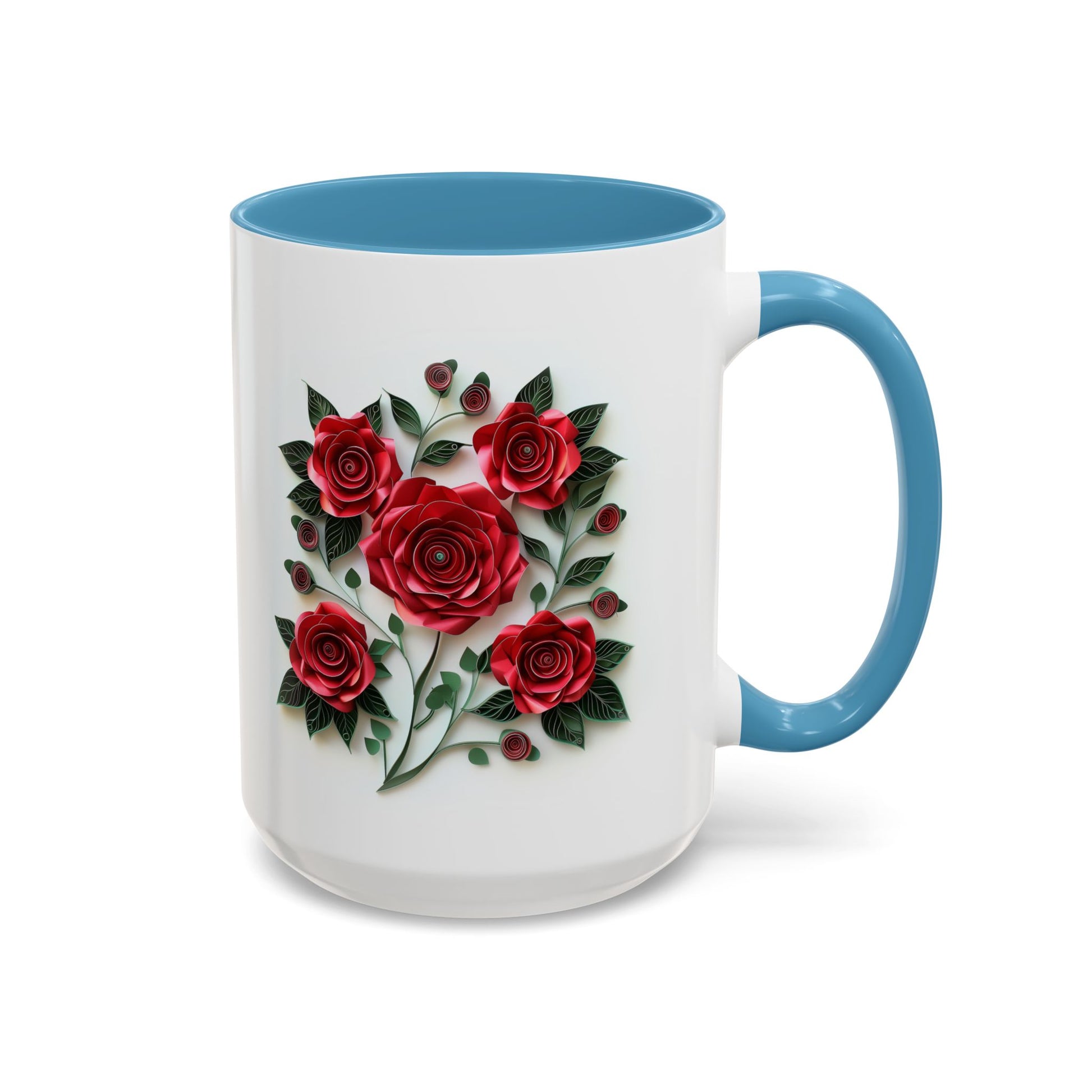 Red Roses, Paper Quilling Mug - Available in a variety of vibrant accent colors, and in 15oz and 11oz sizes. Dishwasher and microwave safe.
