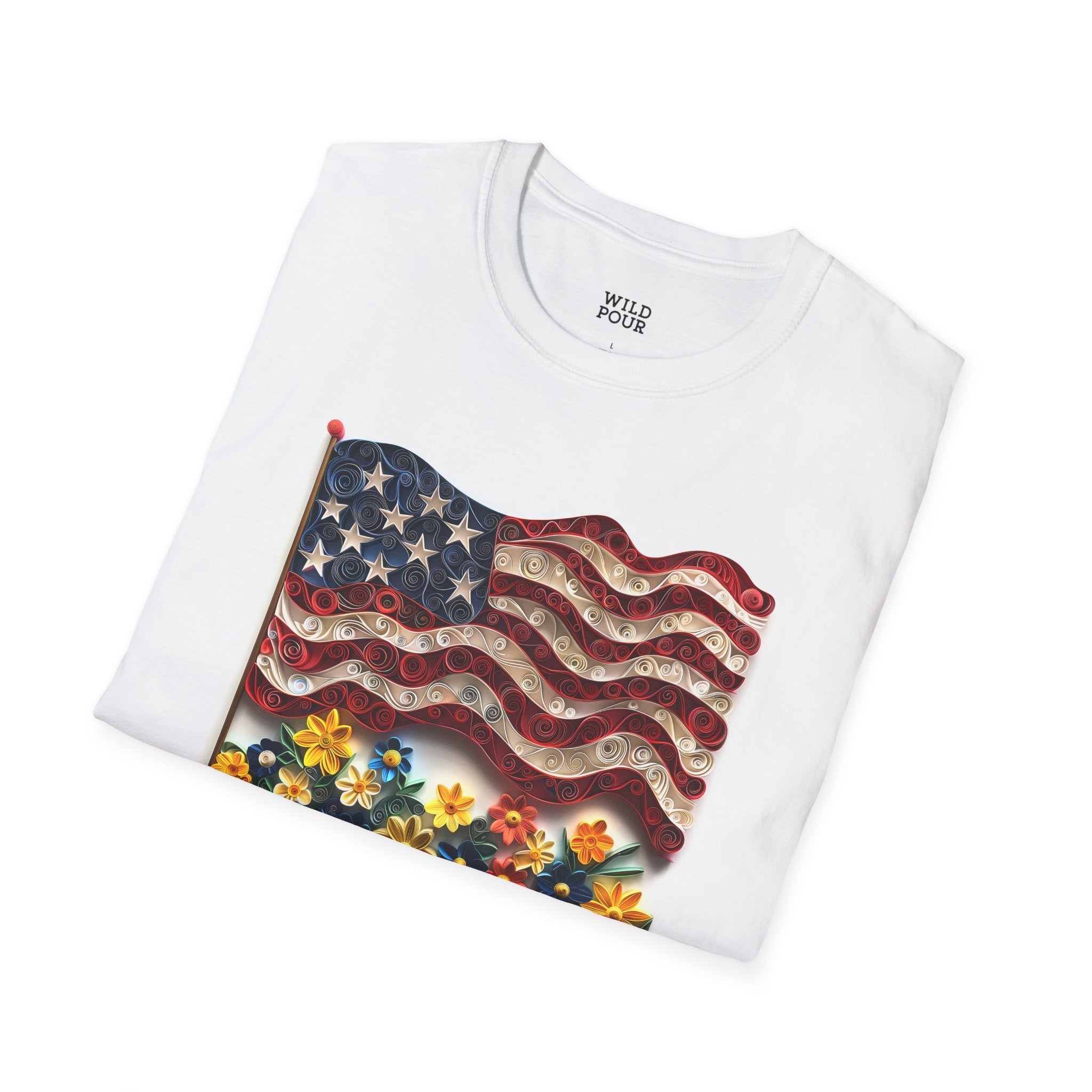 American Flag with Flowers, Paper Quilling Tee-Adult Tees-Wild Pour