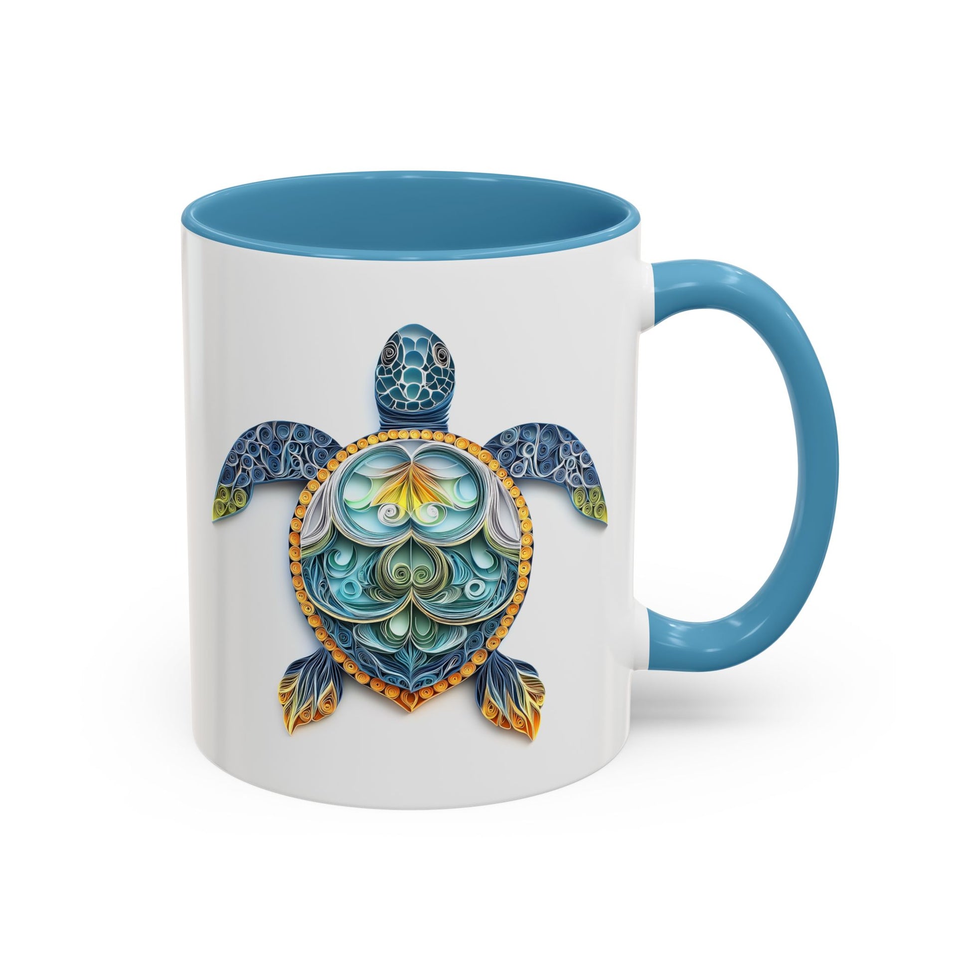 Sea Turtle, Paper Quilling Mug - Available in a variety of vibrant accent colors, and in 15oz and 11oz sizes. Dishwasher and microwave safe.