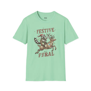 Festive But Feral, Christmas Raccoon Tee-Adult Tees-Wild Pour