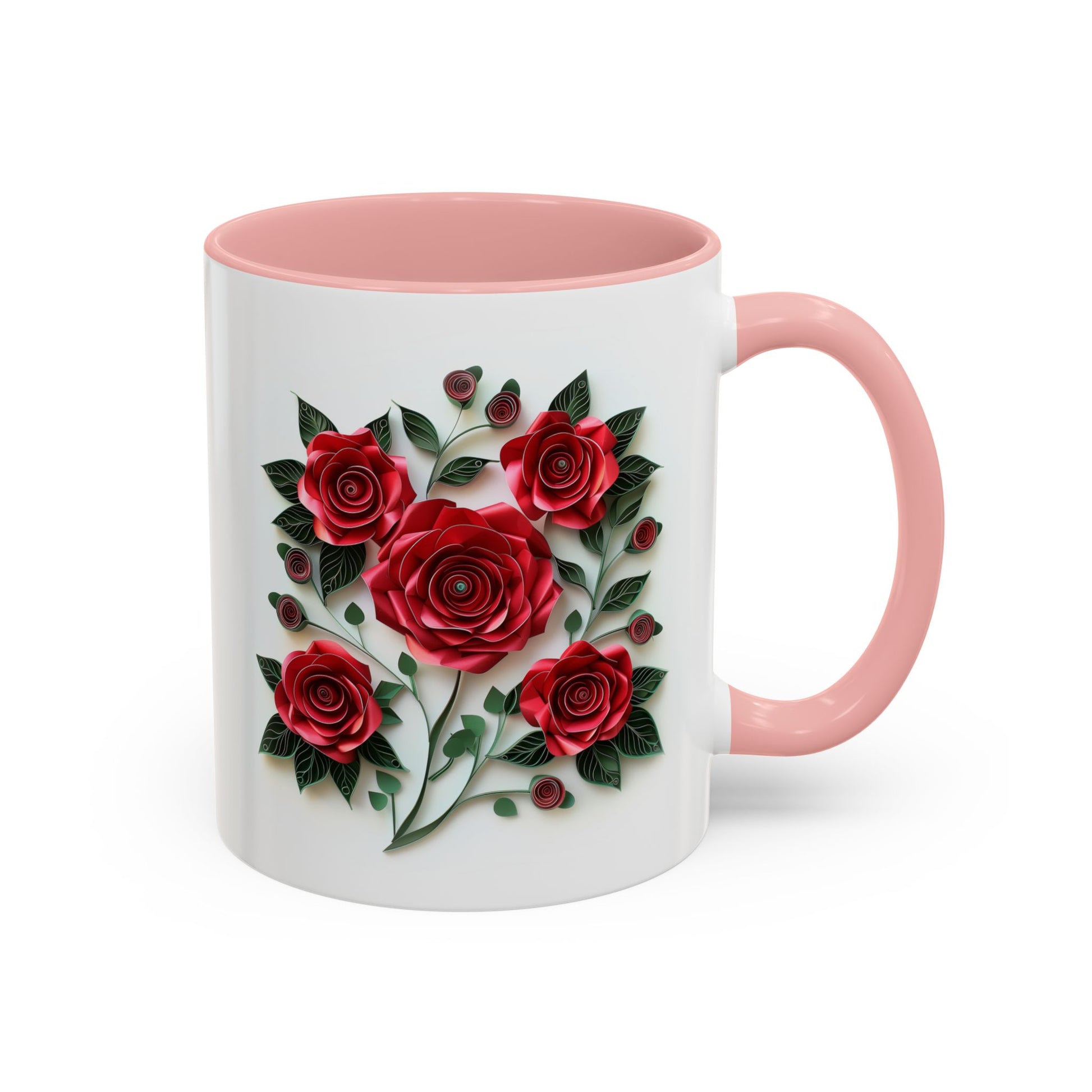 Red Roses, Paper Quilling Mug - Available in a variety of vibrant accent colors, and in 15oz and 11oz sizes. Dishwasher and microwave safe.