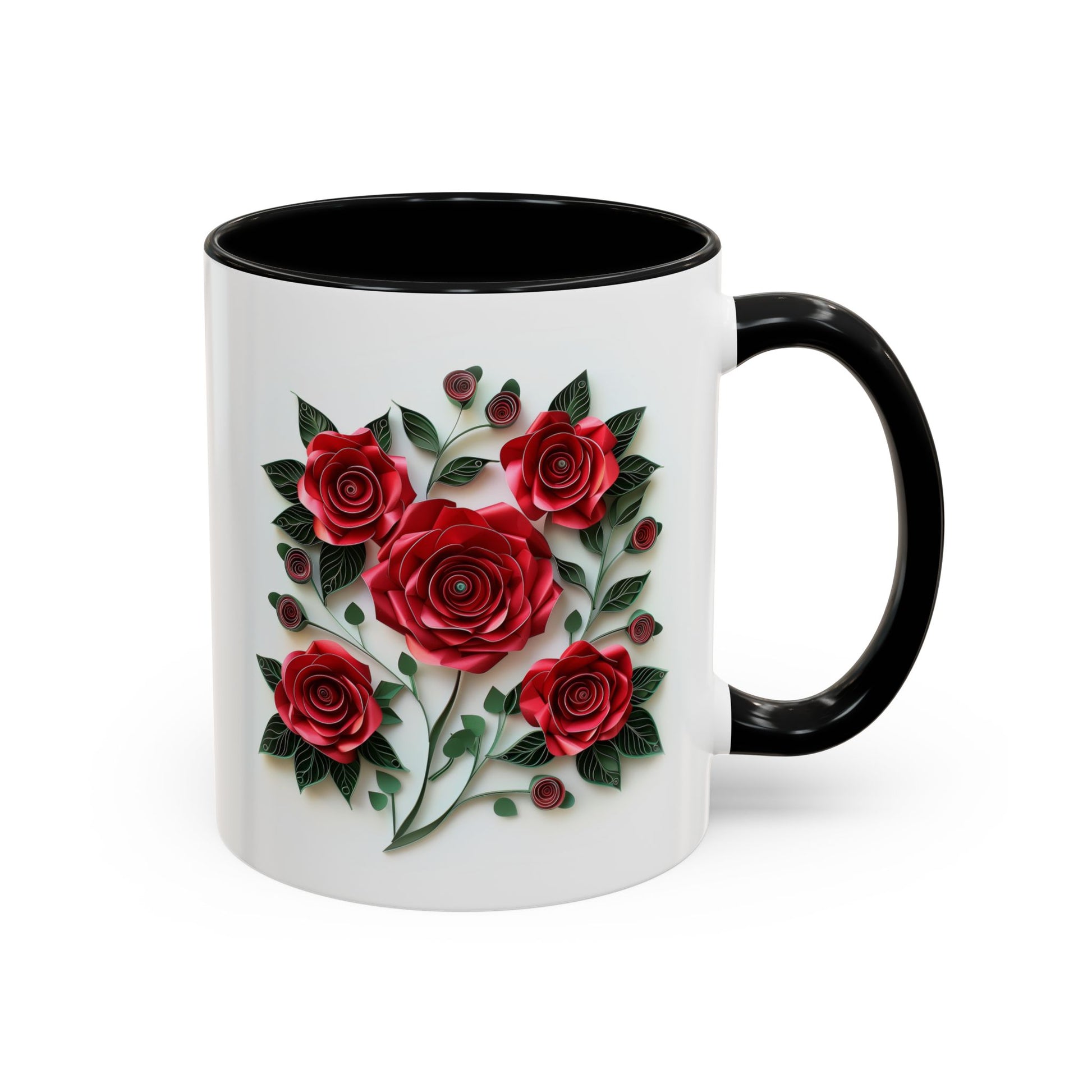 Red Roses, Paper Quilling Mug - Available in a variety of vibrant accent colors, and in 15oz and 11oz sizes. Dishwasher and microwave safe.
